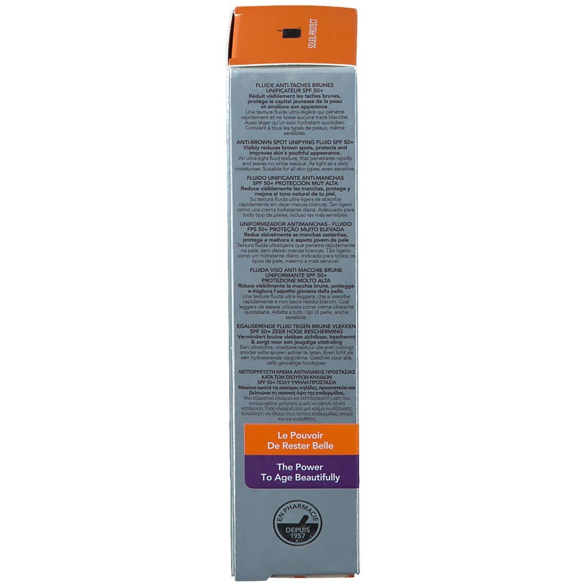 Vista laterale della confezione in cartone. Testo: RoC Soleil-Protect SPF 50+. Contiene informazioni.