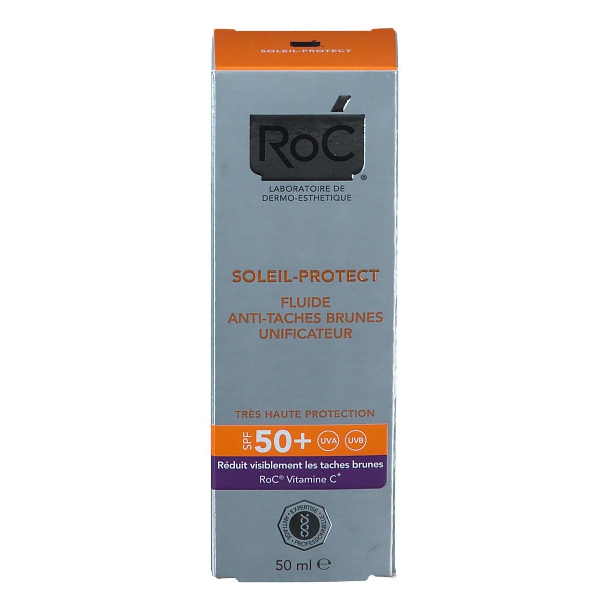 Fronte della confezione in cartone. RoC Soleil-Protect SPF 50+. Testo: Anti-Brown Spot Unifying Fluid.