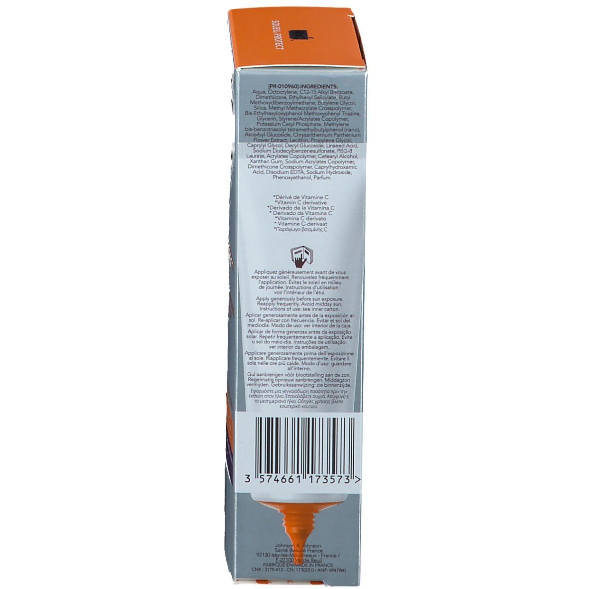 Retro della confezione in cartone. Testo: RoC Soleil-Protect SPF 50+. Contiene informazioni.
