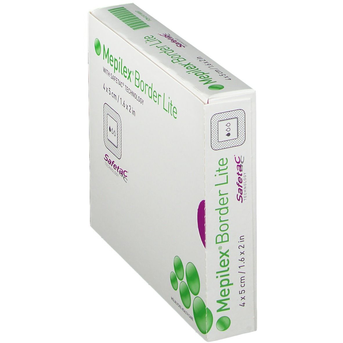 Vista obliqua della confezione Mepilex® Border Lite. Scritte: Safetac Technology, immagine del prodotto, cerchi verdi.