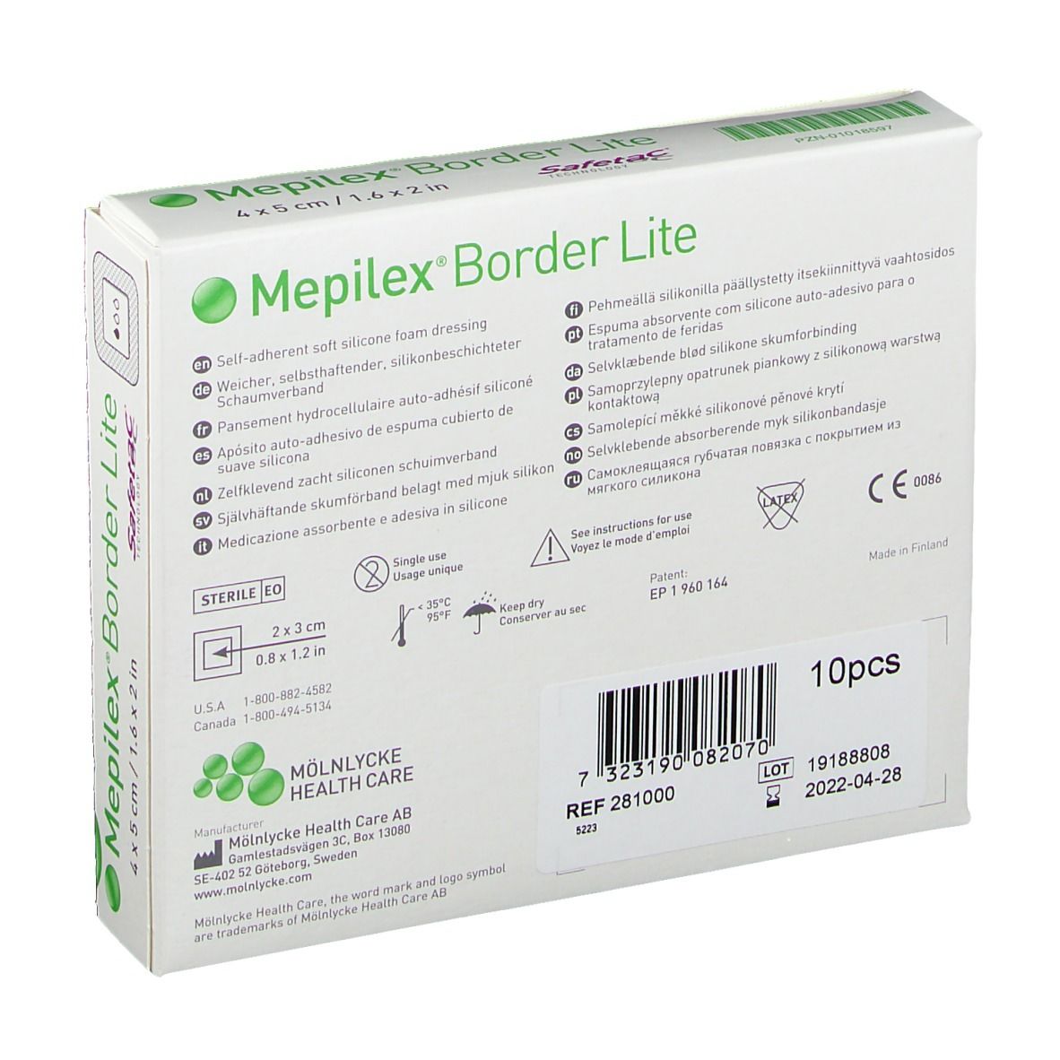 Retro della confezione Mepilex® Border Lite. Scritte: informazioni sul prodotto, 10 pezzi, codice a barre, data di scadenza.