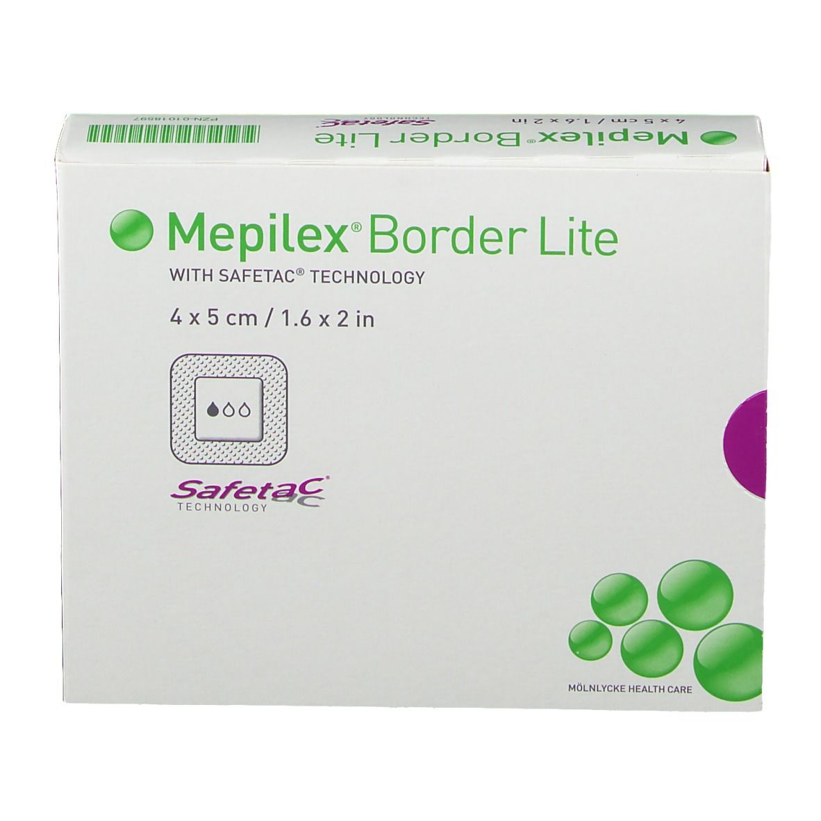 Vista frontale della confezione Mepilex® Border Lite. Scritte: Safetac Technology, cerchi verdi, immagine del prodotto.