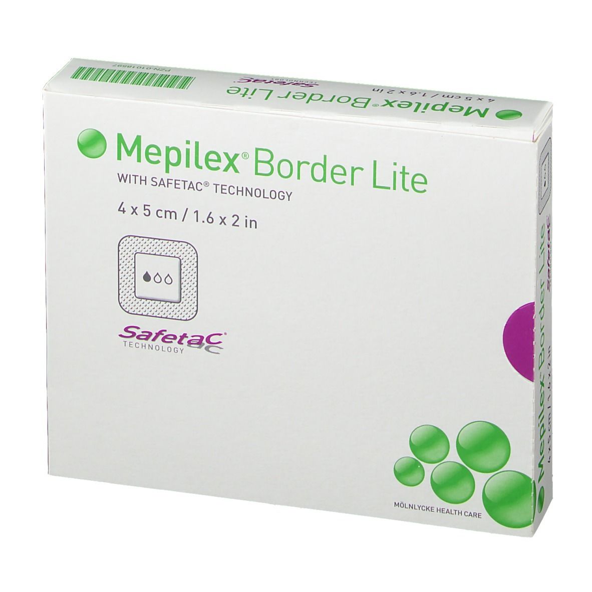 Vista frontale della confezione Mepilex® Border Lite. Scritte: Safetac Technology, cerchi verdi, immagine del prodotto.