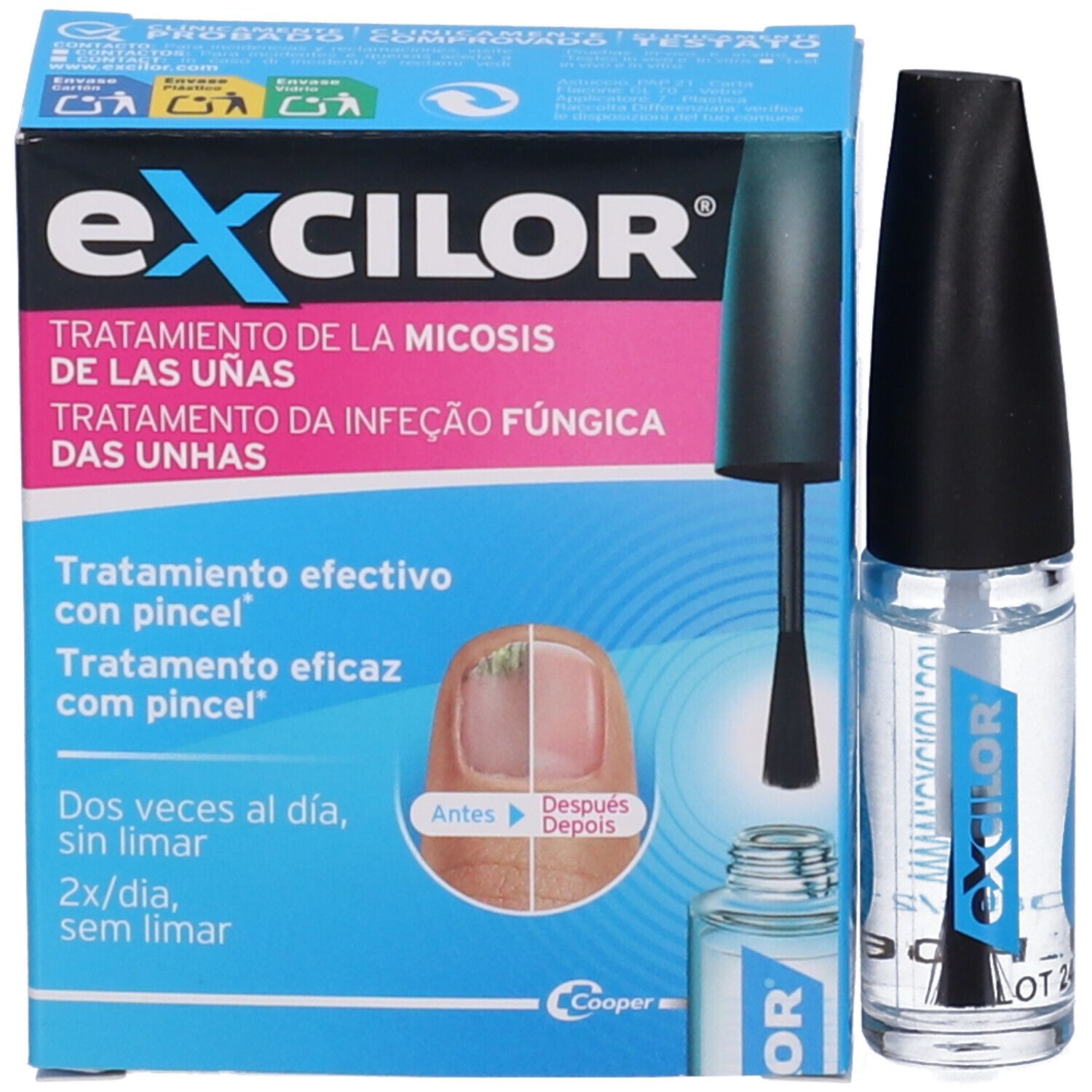 Confezione Excilor e flacone. Scatola blu e bianca con immagine del prodotto e testo. Contiene un flacone con applicatore.