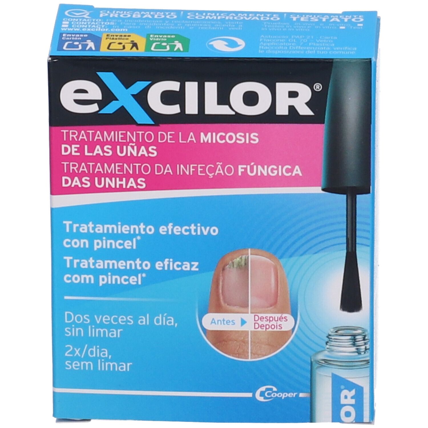 Confezione Excilor e flacone. Scatola blu e bianca con immagine del prodotto e testo. Contiene un flacone con applicatore.
