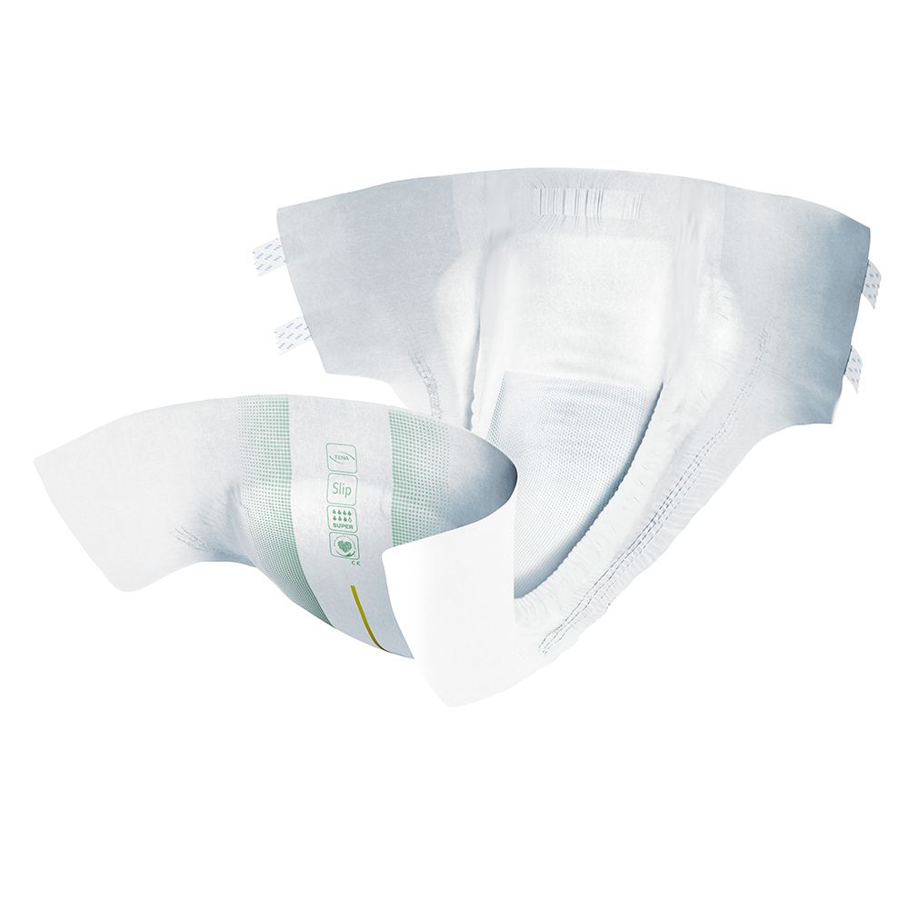TENA® Slip Super Large. Bianco, con dettagli verdi. Vista del prodotto, che mostra l'interno e la forma.