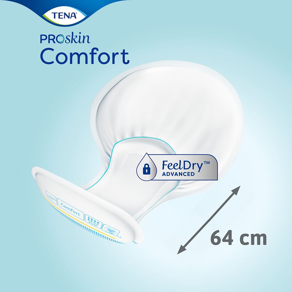 TENA® Comfort Plus. Prodotto bianco con contorni blu. Indicazione della lunghezza: 64 cm. Vista del prodotto.