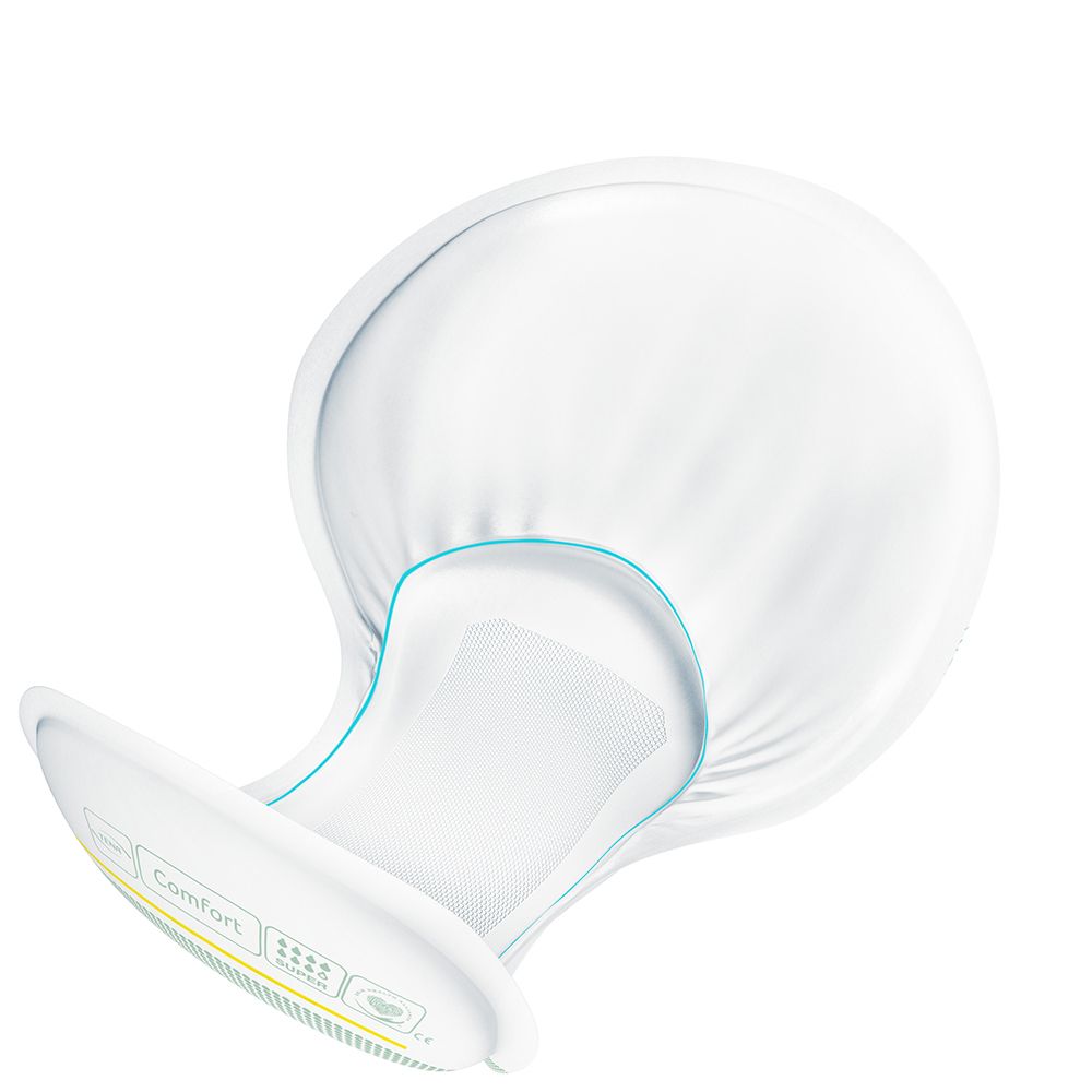 Prodotto Tena® Comfort Super bianco. Forma anatomica. Linea di contorno blu. Caratteristiche visibili del prodotto.