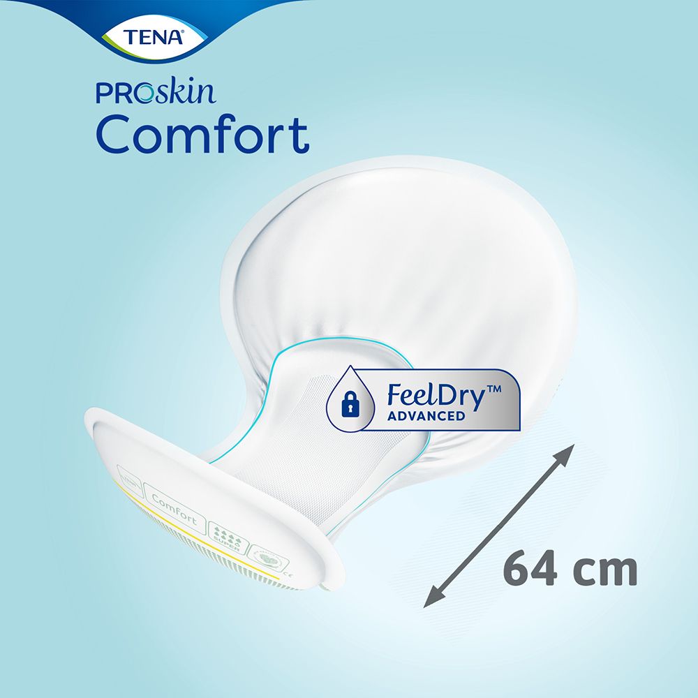 Prodotto Tena® Comfort Super bianco. Forma anatomica. Linea di contorno blu. Linea di misura 64 cm. Logo FeelDry™.