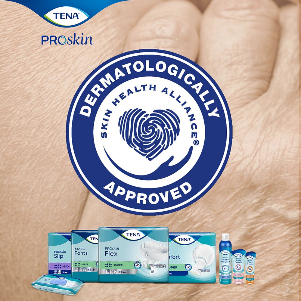 Sigillo dermatologicamente testato. Logo della Skin Health Alliance. Prodotti sullo sfondo.