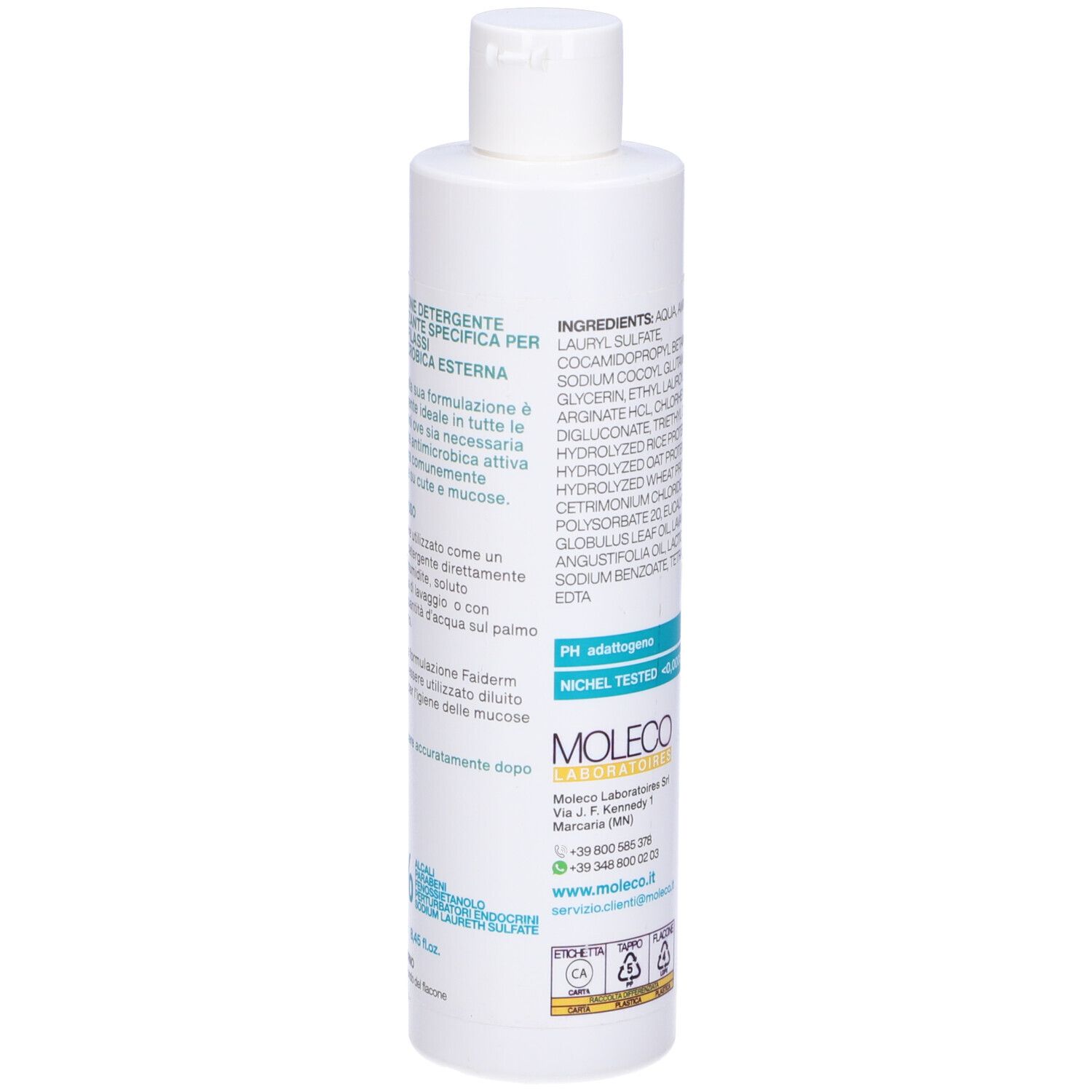 Flacone bianco con testo. Scritta Faiderm MED. Logo del produttore Moleco. Indicazione del pH.