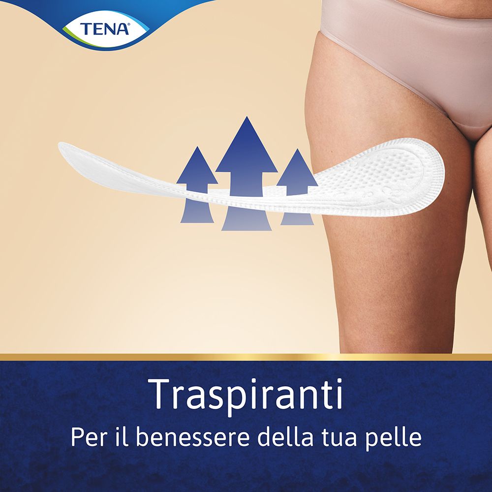 Salvaslip fissato su una parte del corpo. Testo: Traspiranti. Per il benessere della tua pelle.