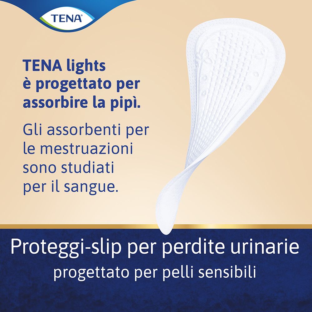Salvaslip. Testo: TENA lights è progettato per assorbire la pipì. Per pelli sensibili.