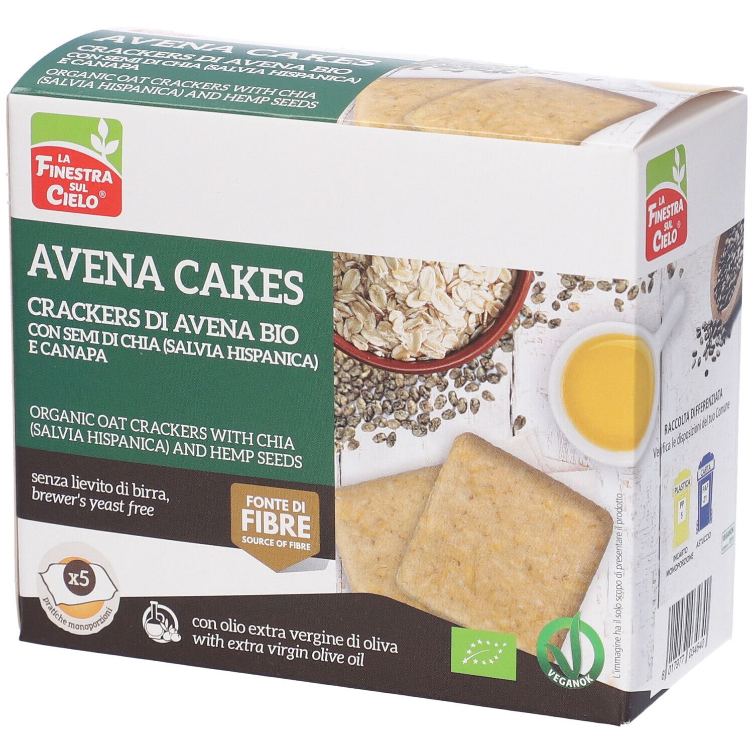 Confezione di cracker Avena Cakes. Cracker di avena, semi di chia e canapa. Prodotto biologico.