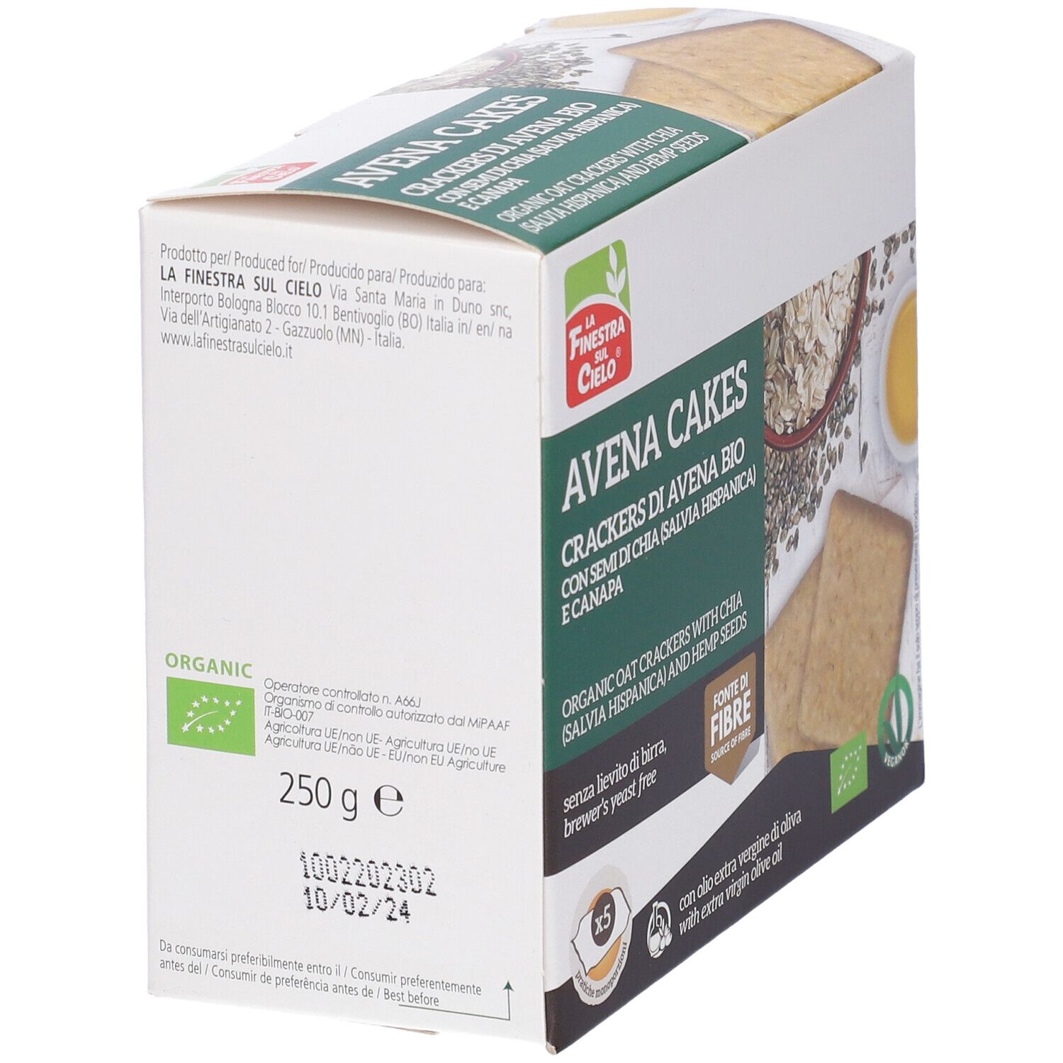 Retro della confezione con informazioni nutrizionali e lista ingredienti. Scritta: Avena Cakes, 250g.