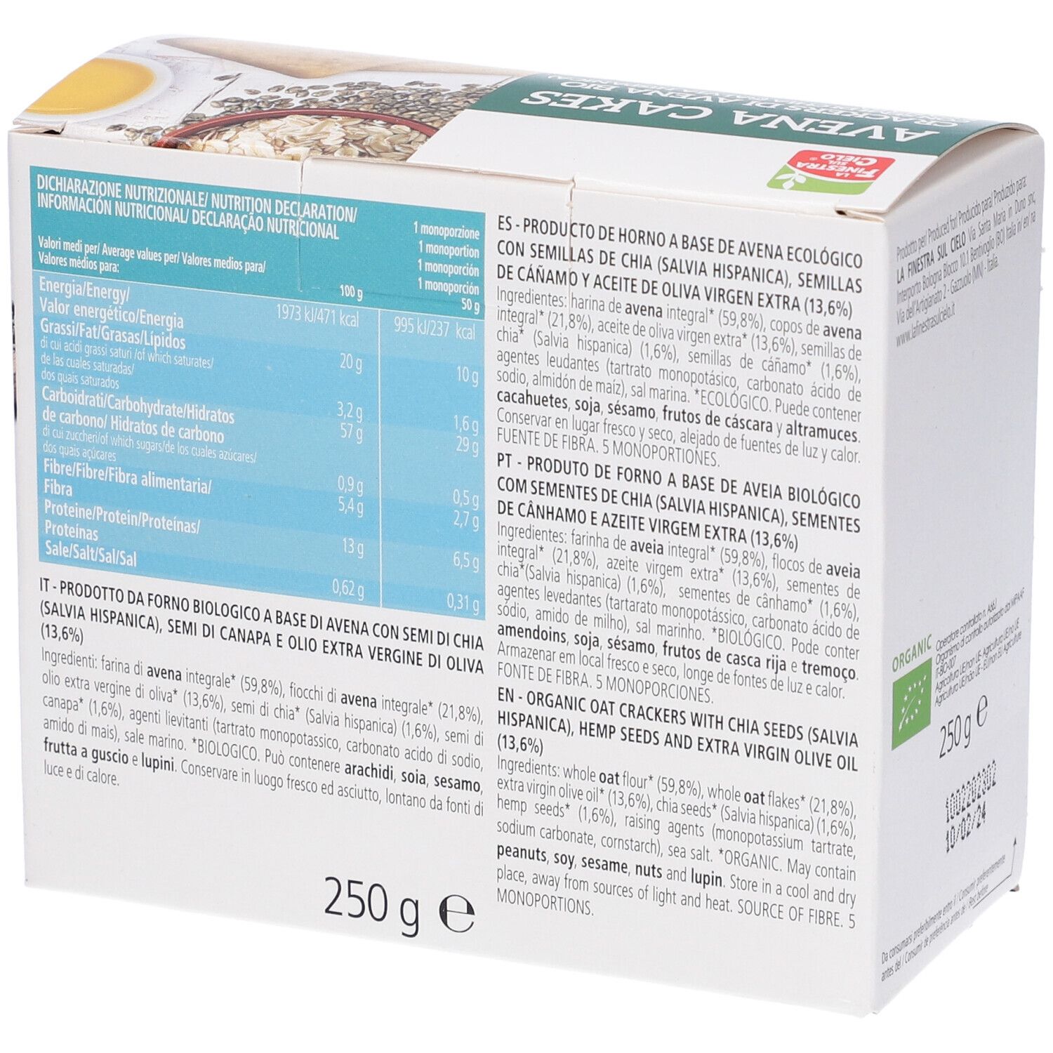 Retro della confezione con informazioni nutrizionali e lista ingredienti. Scritta: Avena Cakes, 250g.