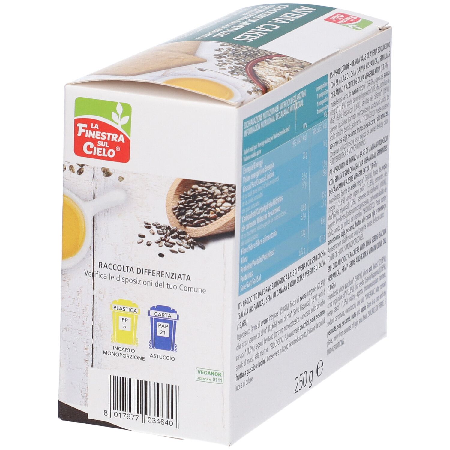 Retro della confezione con informazioni sulla raccolta differenziata. Scritta: Avena Cakes, 250g.