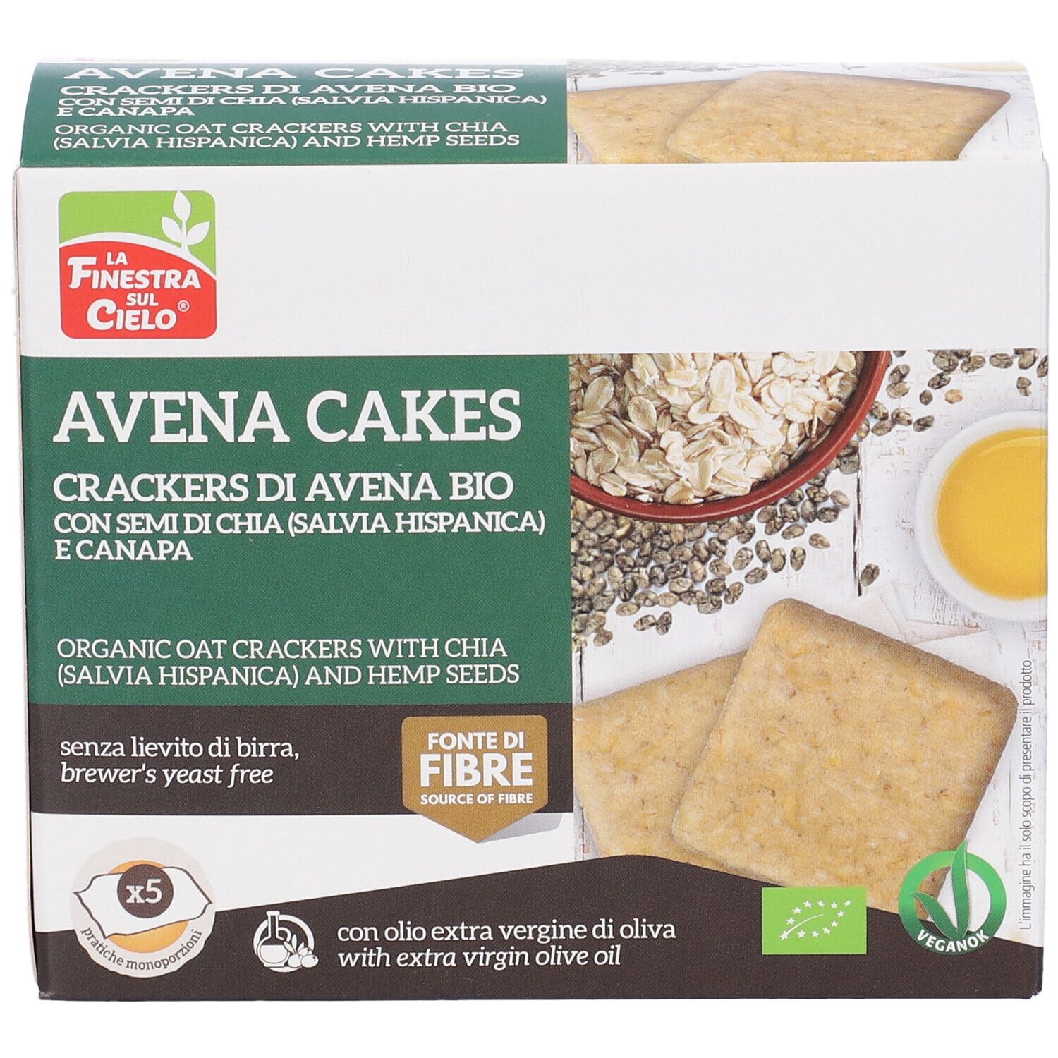 Confezione di cracker Avena Cakes. Cracker di avena, semi di chia e canapa. Prodotto biologico.