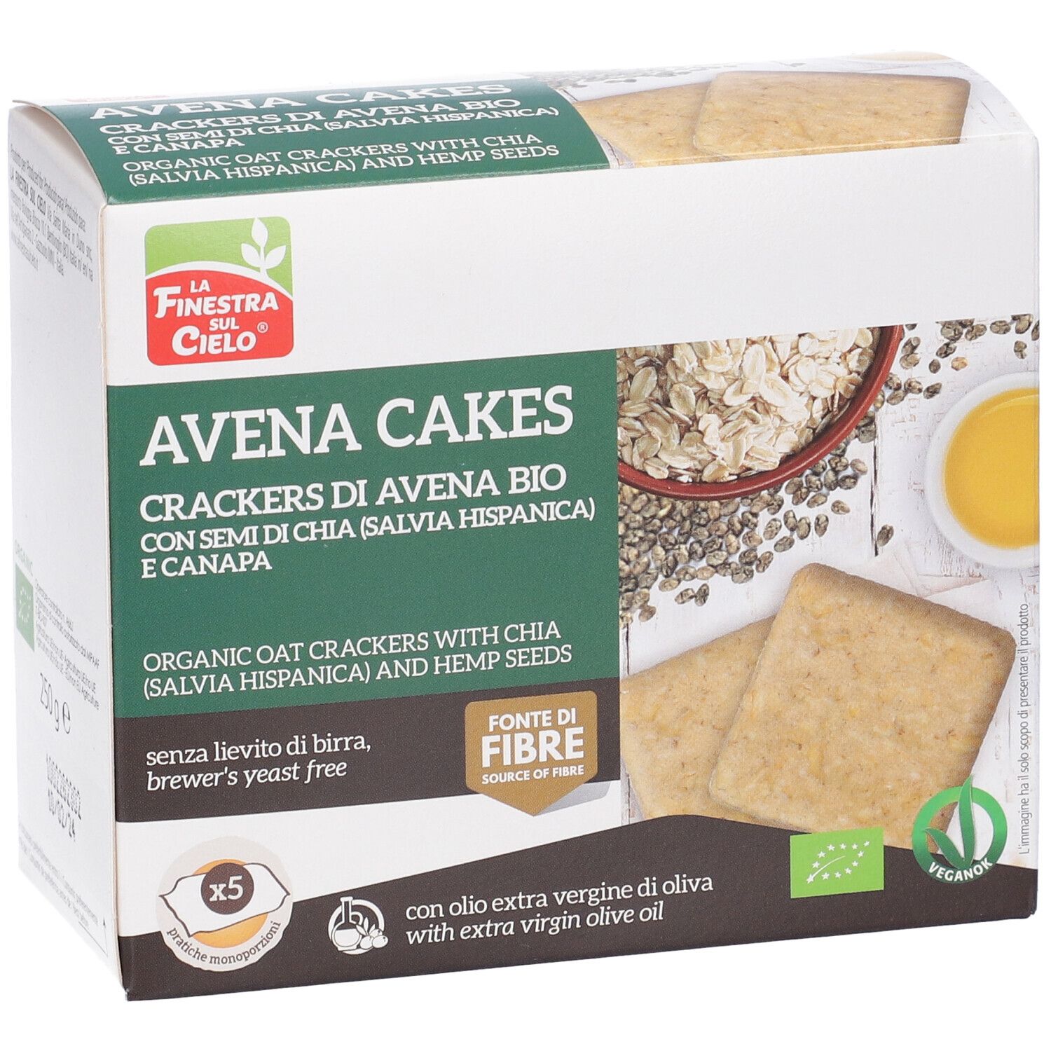 Confezione di cracker Avena Cakes. Cracker di avena, semi di chia e canapa. Prodotto biologico.