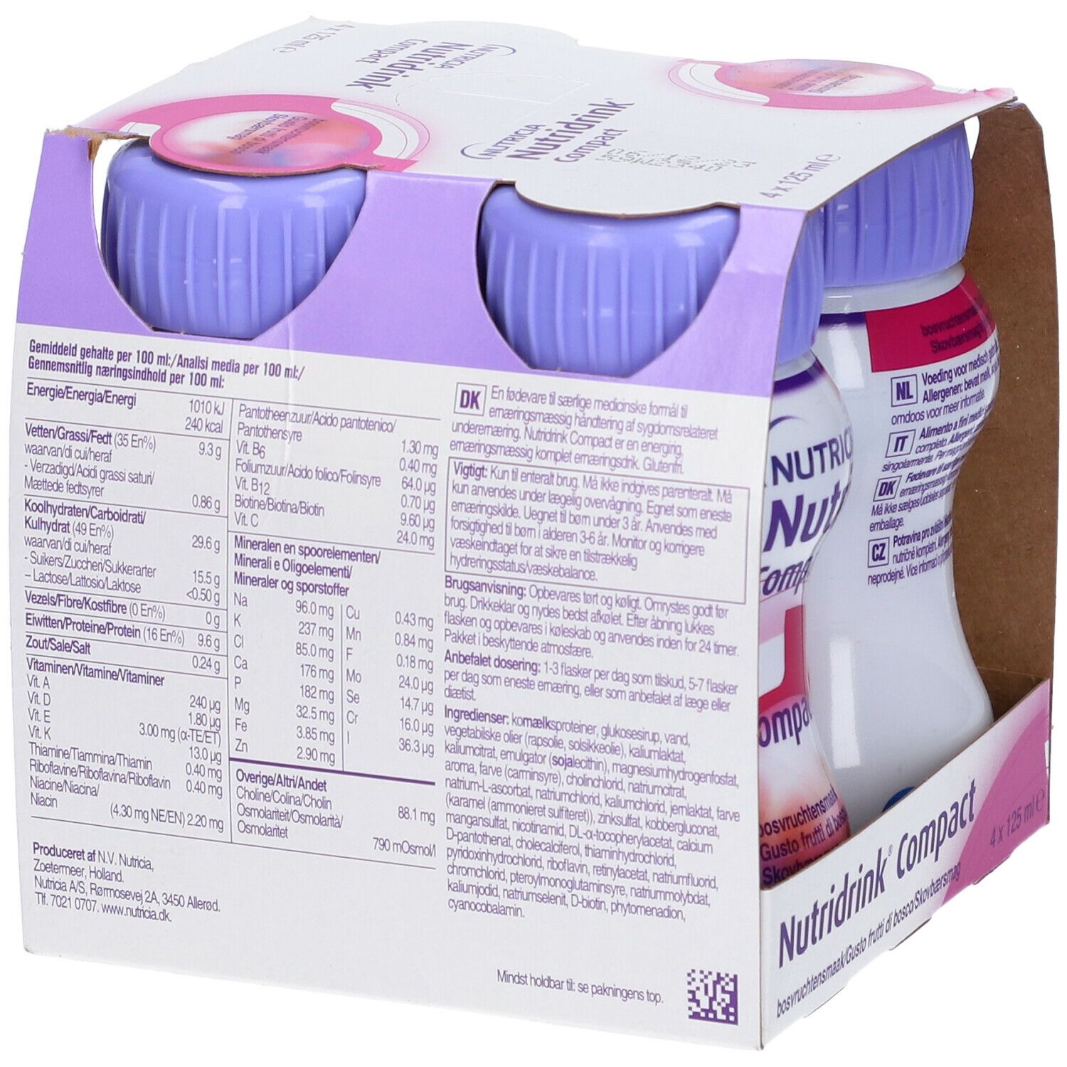 Retro della confezione da quattro bottiglie. Informazioni multilingue. Logo Nutridrink Compact. 4 x 125 ml.