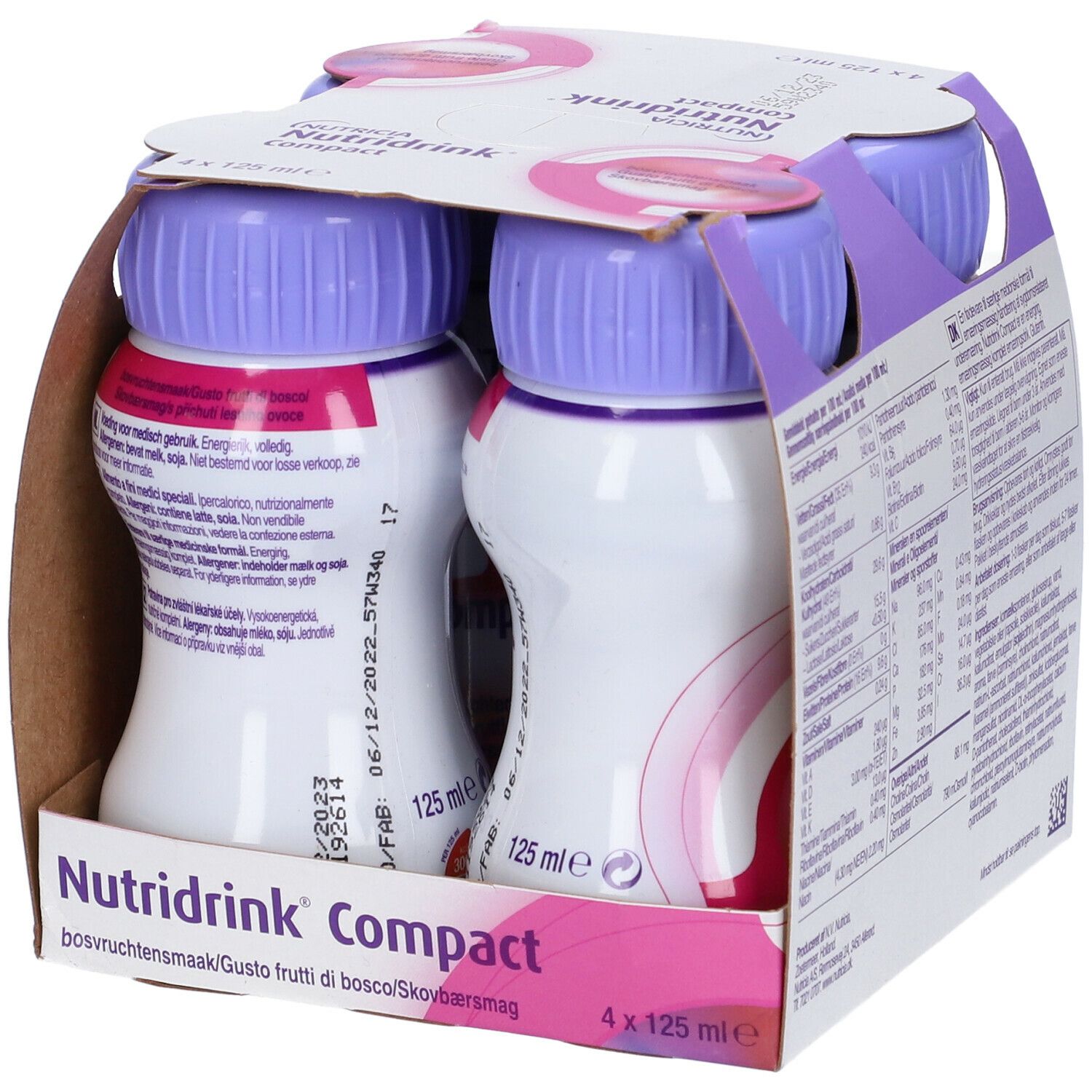 Confezione da quattro bottiglie. Tappi viola. Logo Nutridrink Compact. Scritta: bosvruchtensmaak/frutti di bosco. 4 x 125 ml.