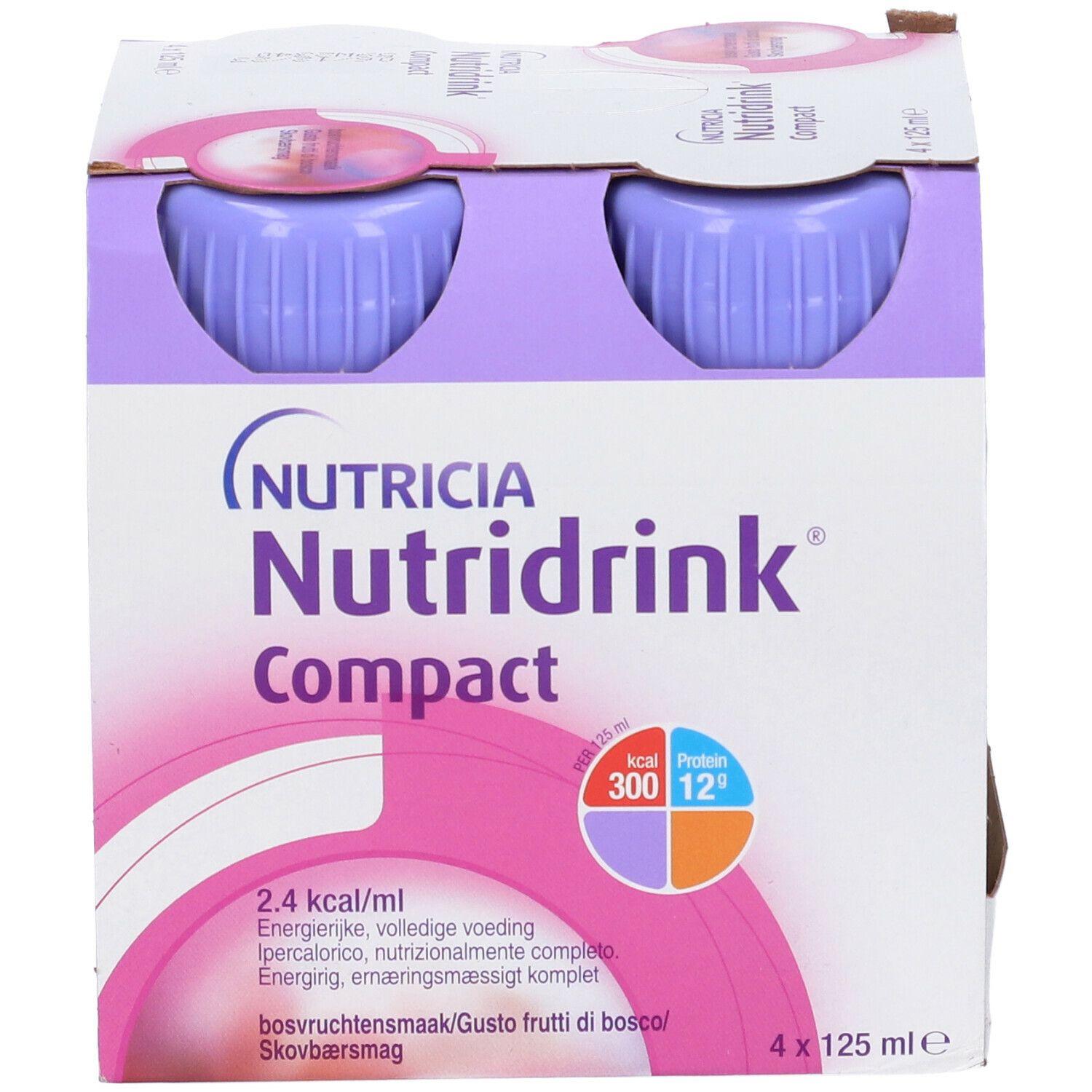 Confezione da quattro bottiglie. Tappi viola. Logo Nutridrink Compact. Scritta: bosvruchtensmaak/frutti di bosco. 4 x 125 ml. Informazioni nutrizionali.