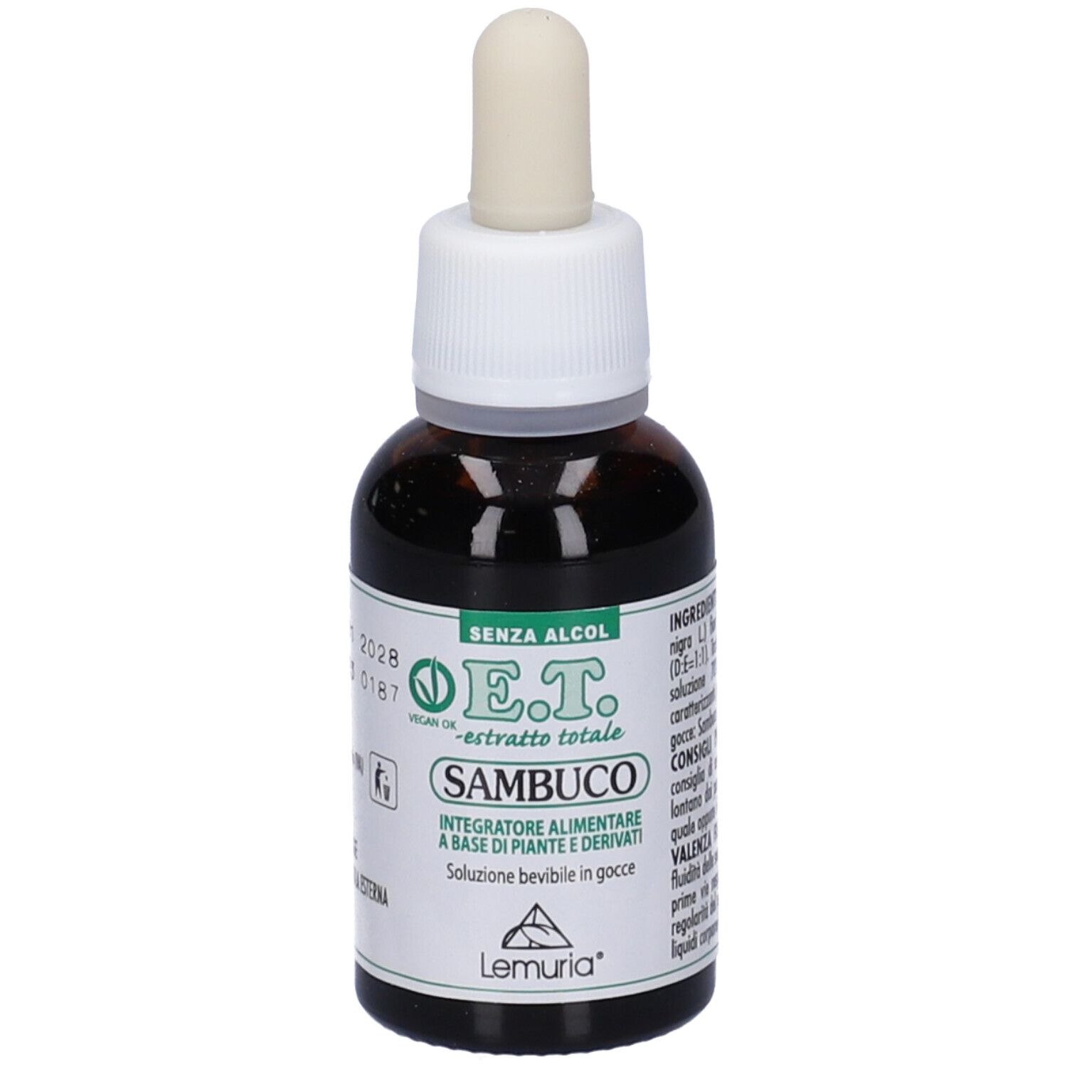 Flacone di vetro marrone con contagocce. Testo: E.T. Sambuco, senza alcool. Marchio Lemuria. Logo vegano.
