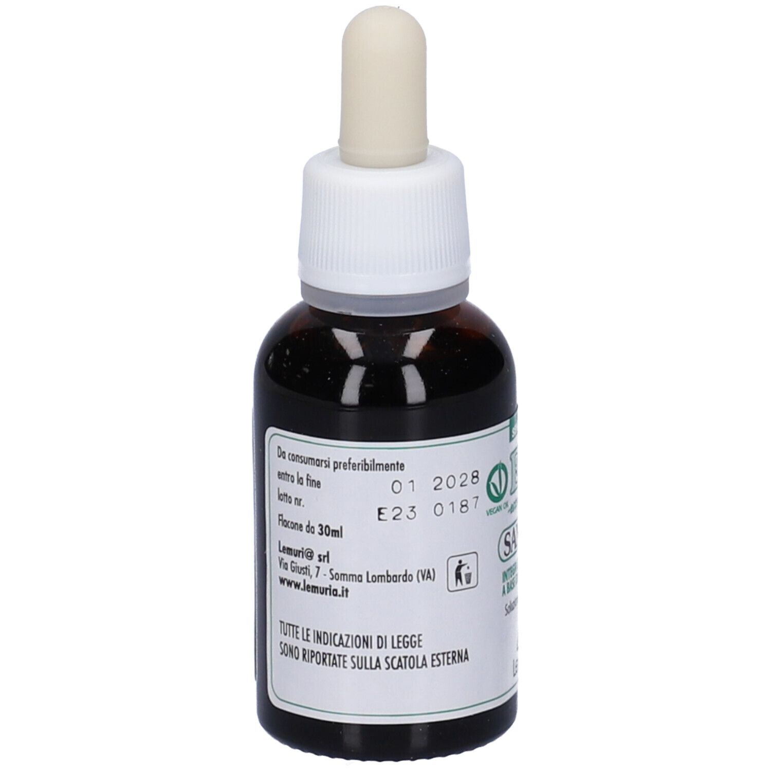 Flacone di vetro marrone con contagocce. Retro con testo. Testo: E.T. Sambuco, senza alcool. Marchio Lemuria. Scadenza.