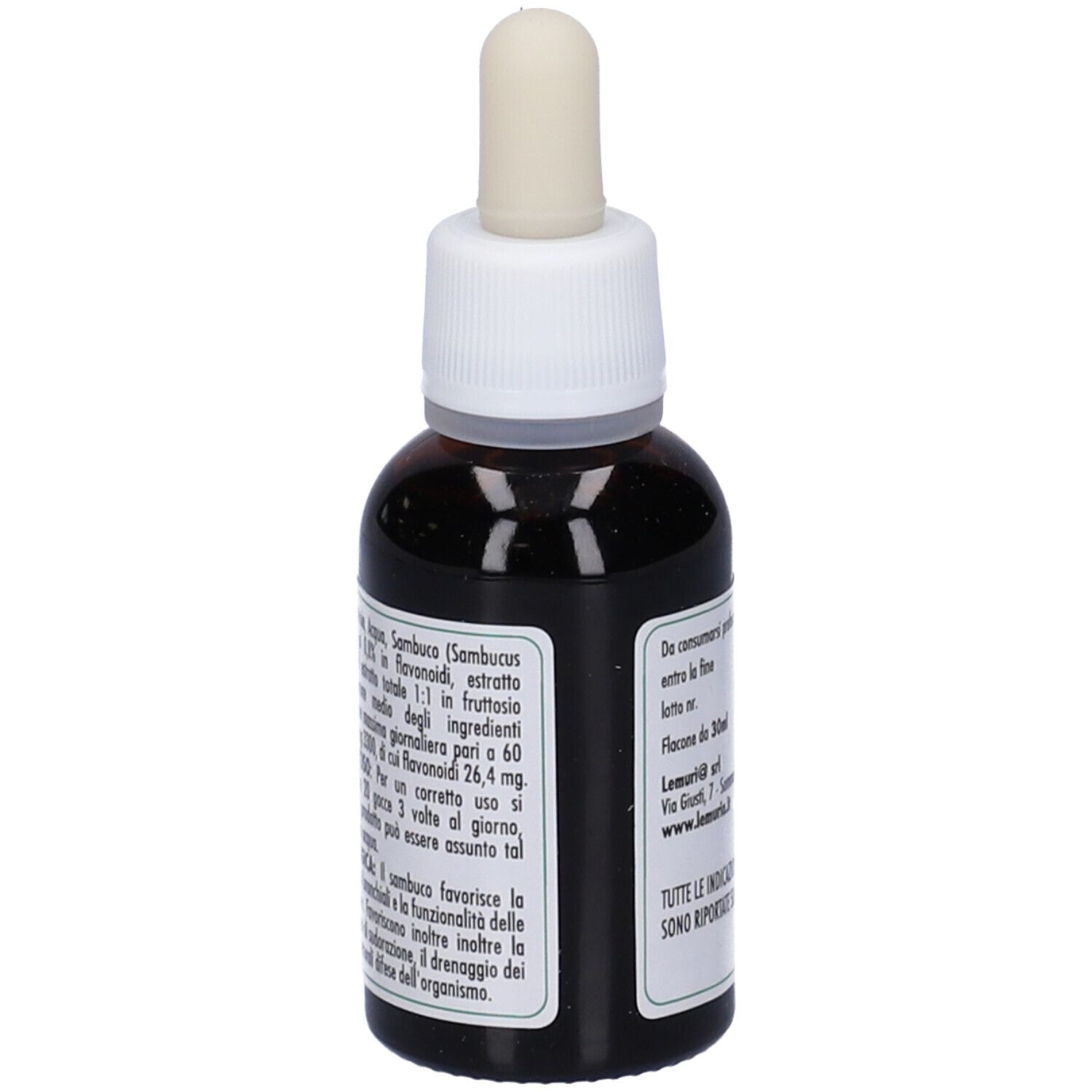 Flacone di vetro marrone con contagocce. Testo e ingredienti. Testo: E.T. Sambuco, senza alcool. Marchio Lemuria.