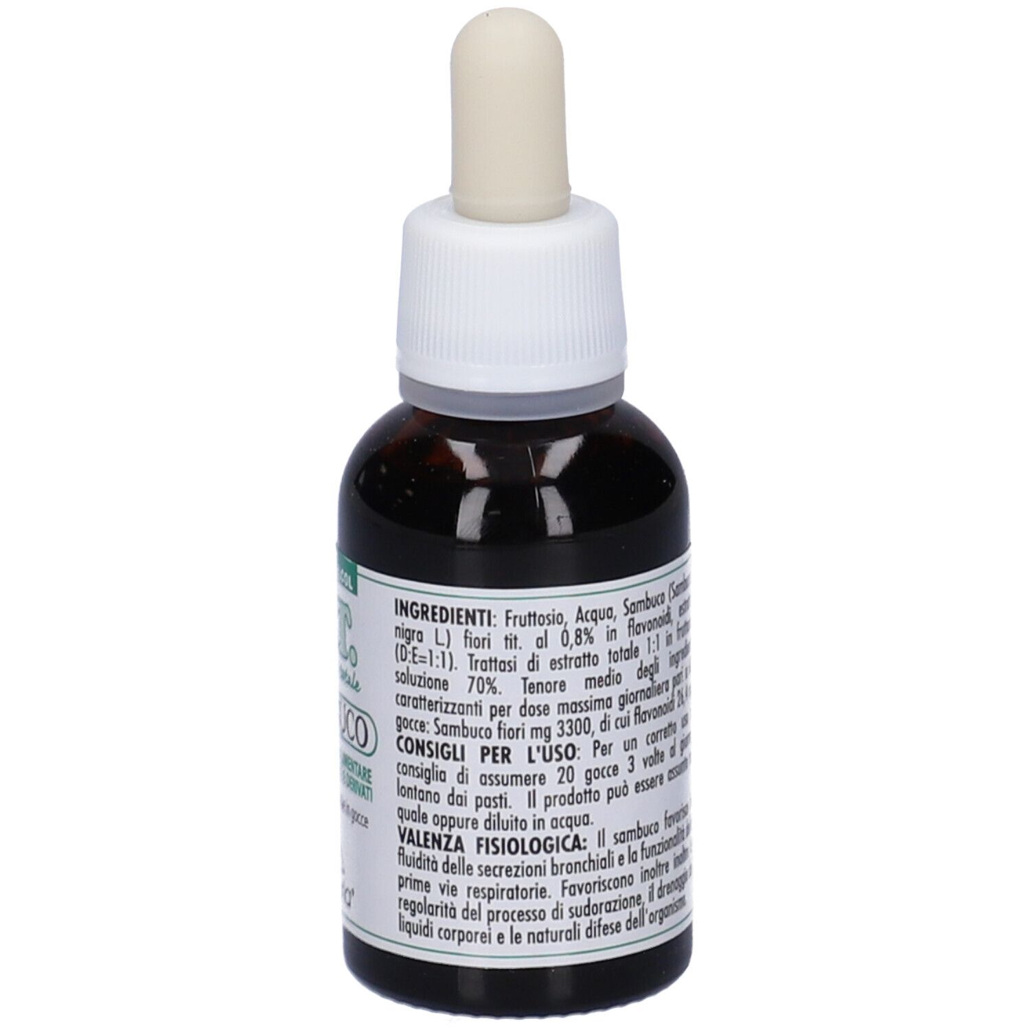 Flacone di vetro marrone con contagocce. Testo e ingredienti. Testo: E.T. Sambuco, senza alcool. Marchio Lemuria.