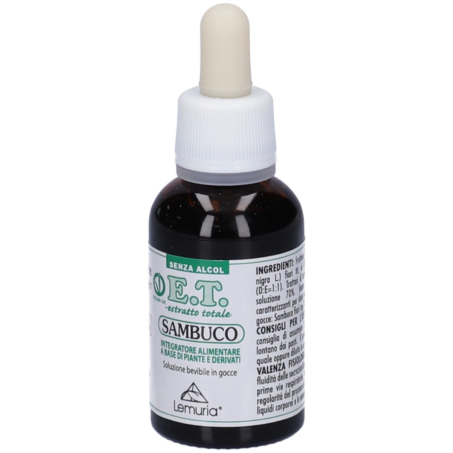 Flacone di vetro marrone con contagocce. Testo: E.T. Sambuco, senza alcool. Marchio Lemuria. Logo vegano.
