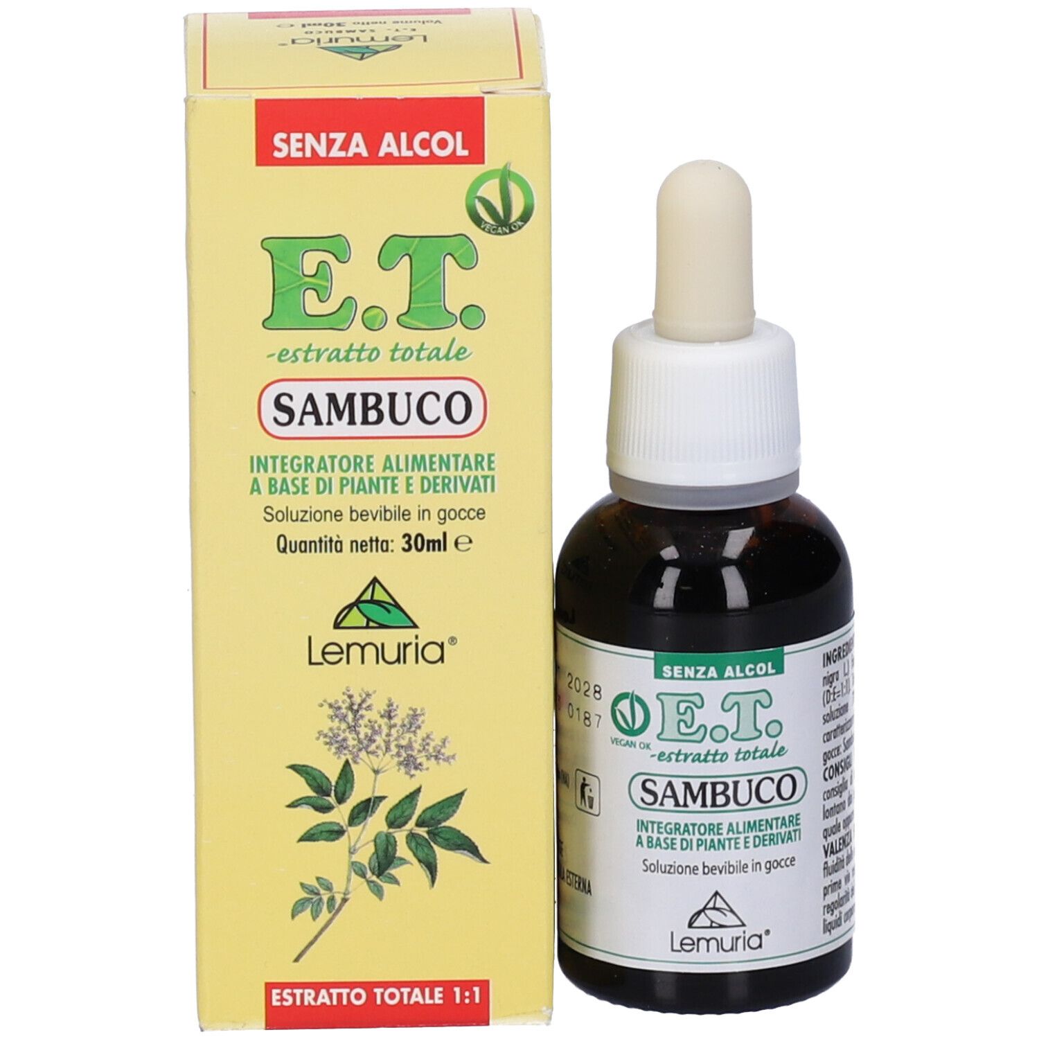 Flacone di vetro marrone con contagocce e scatola gialla. Testo: E.T. Sambuco, senza alcool. Marchio Lemuria.
