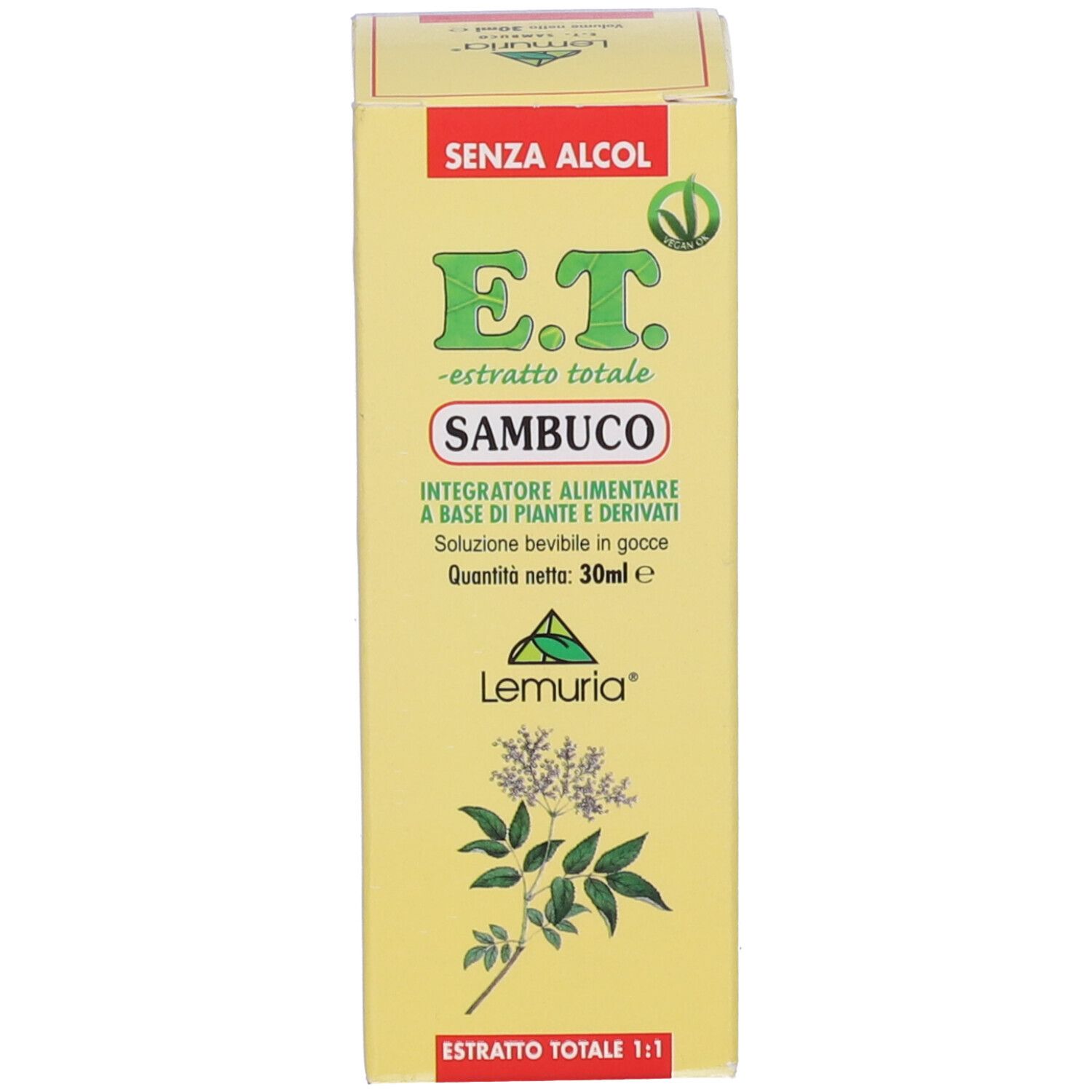 Scatola gialla. Testo: E.T. Sambuco, senza alcool. Marchio Lemuria. Illustrazione di piante.