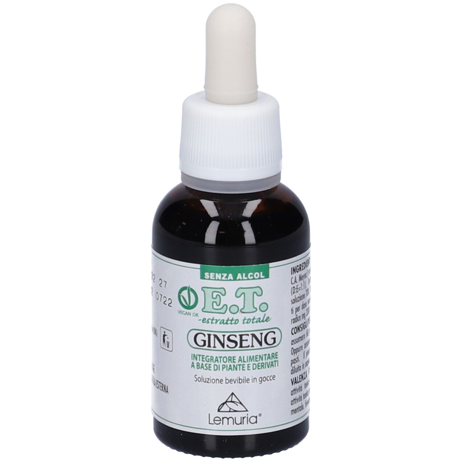 Flacone di vetro marrone con contagocce bianco. Scritta: E.T. Ginseng. Marchio: Lemuria. Sigillo vegano. Liquido visibile.