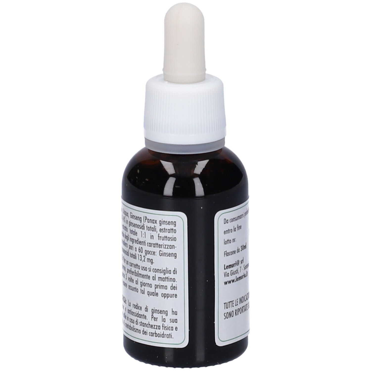 Flacone di vetro marrone con contagocce bianco. Scritta: E.T. Ginseng. Marchio: Lemuria. Retro con informazioni sul prodotto.