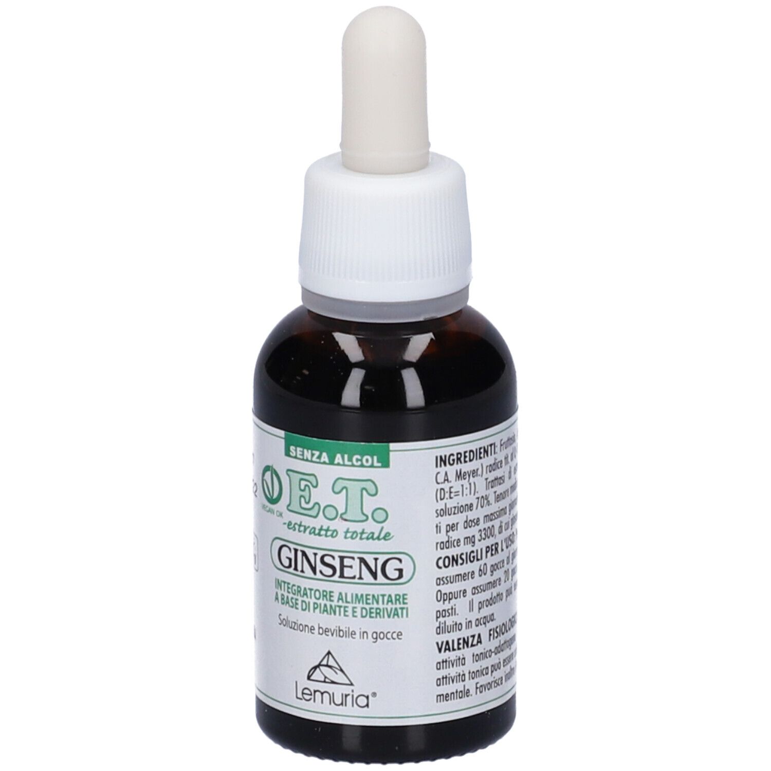 Flacone di vetro marrone con contagocce bianco. Scritta: E.T. Ginseng. Marchio: Lemuria. Retro con informazioni sul prodotto.