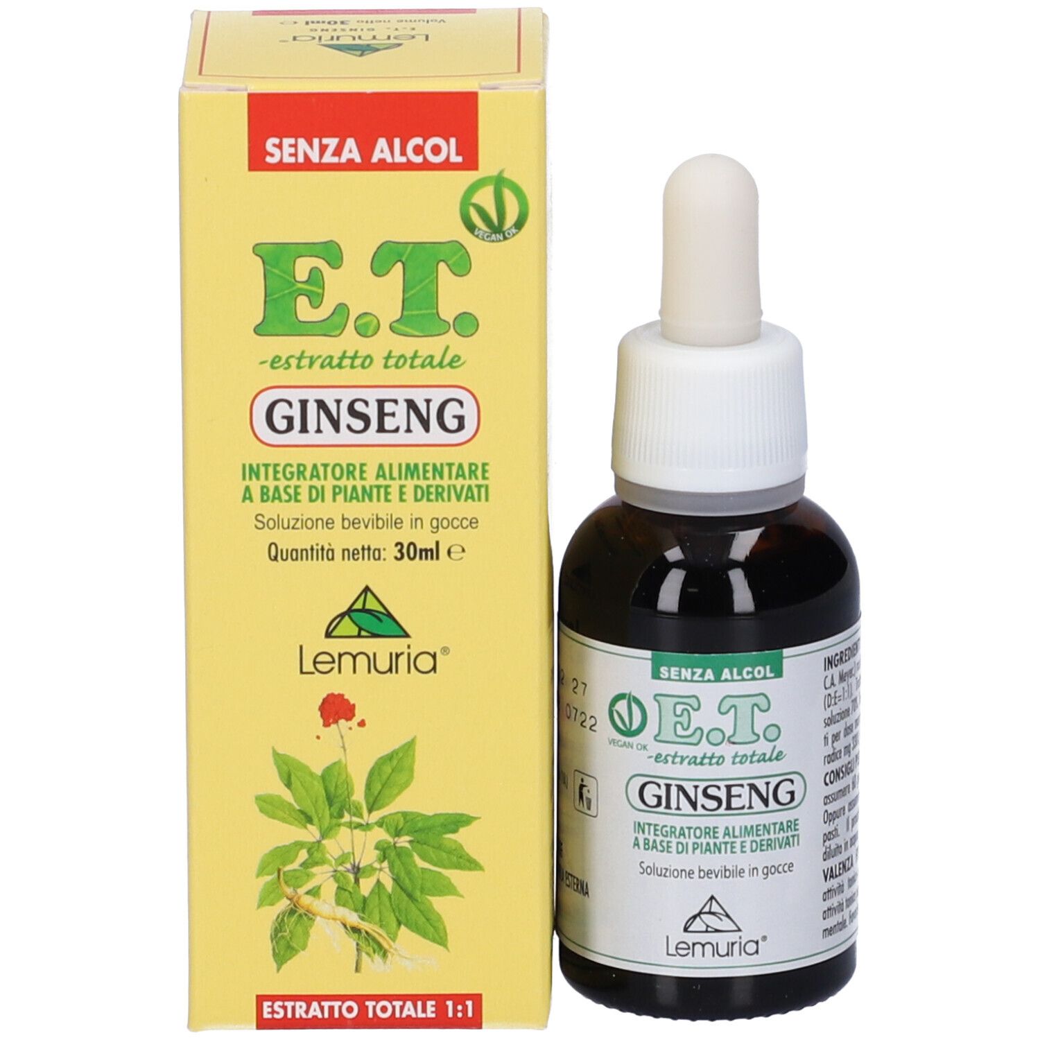 Confezione del prodotto: flacone con contagocce e scatola gialla. Scritta: E.T. Ginseng. Marchio: Lemuria. Con illustrazione della pianta.