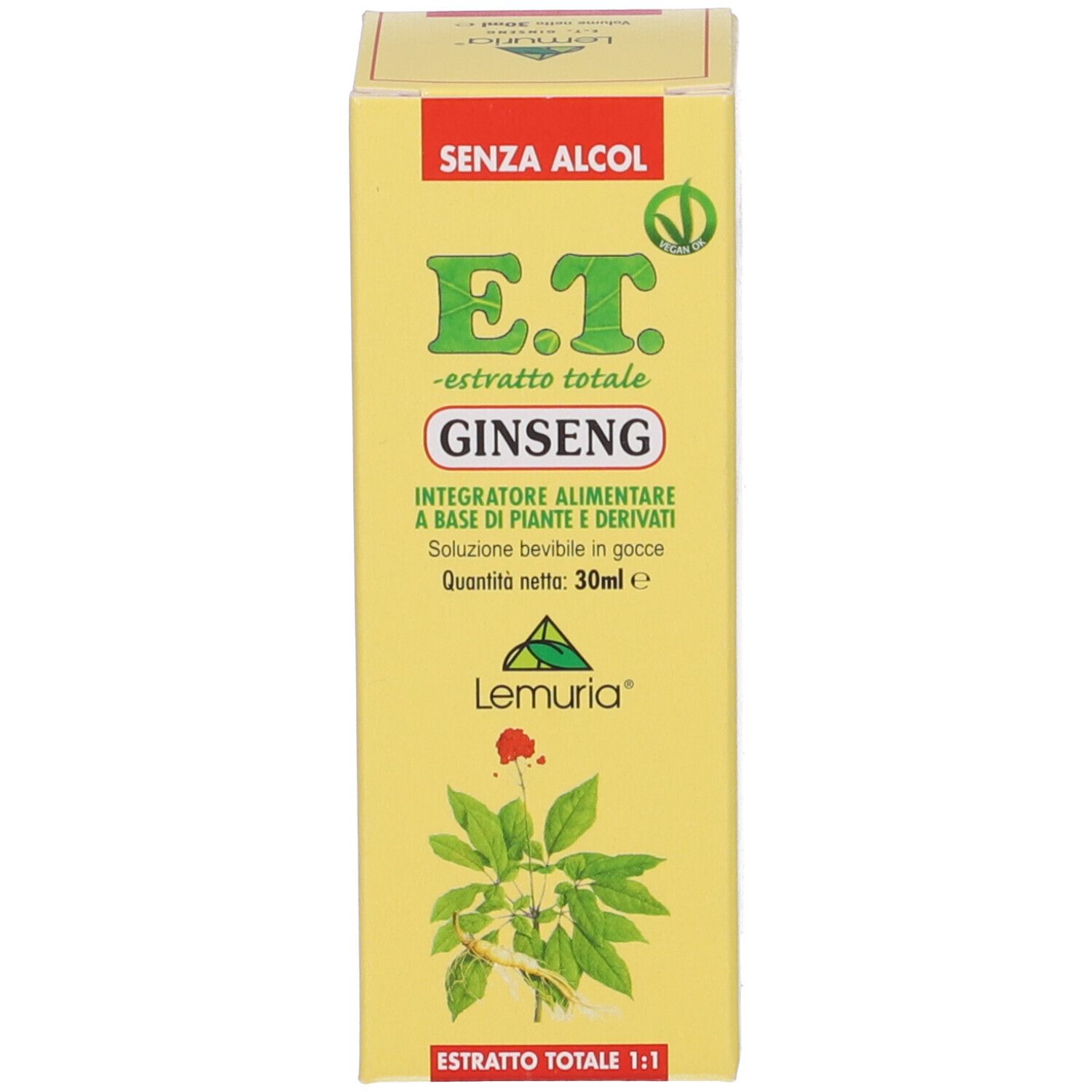Scatola gialla con stampa del prodotto. Scritta: E.T. Ginseng, estratti, 30ml. Marchio: Lemuria. Con illustrazione della pianta.