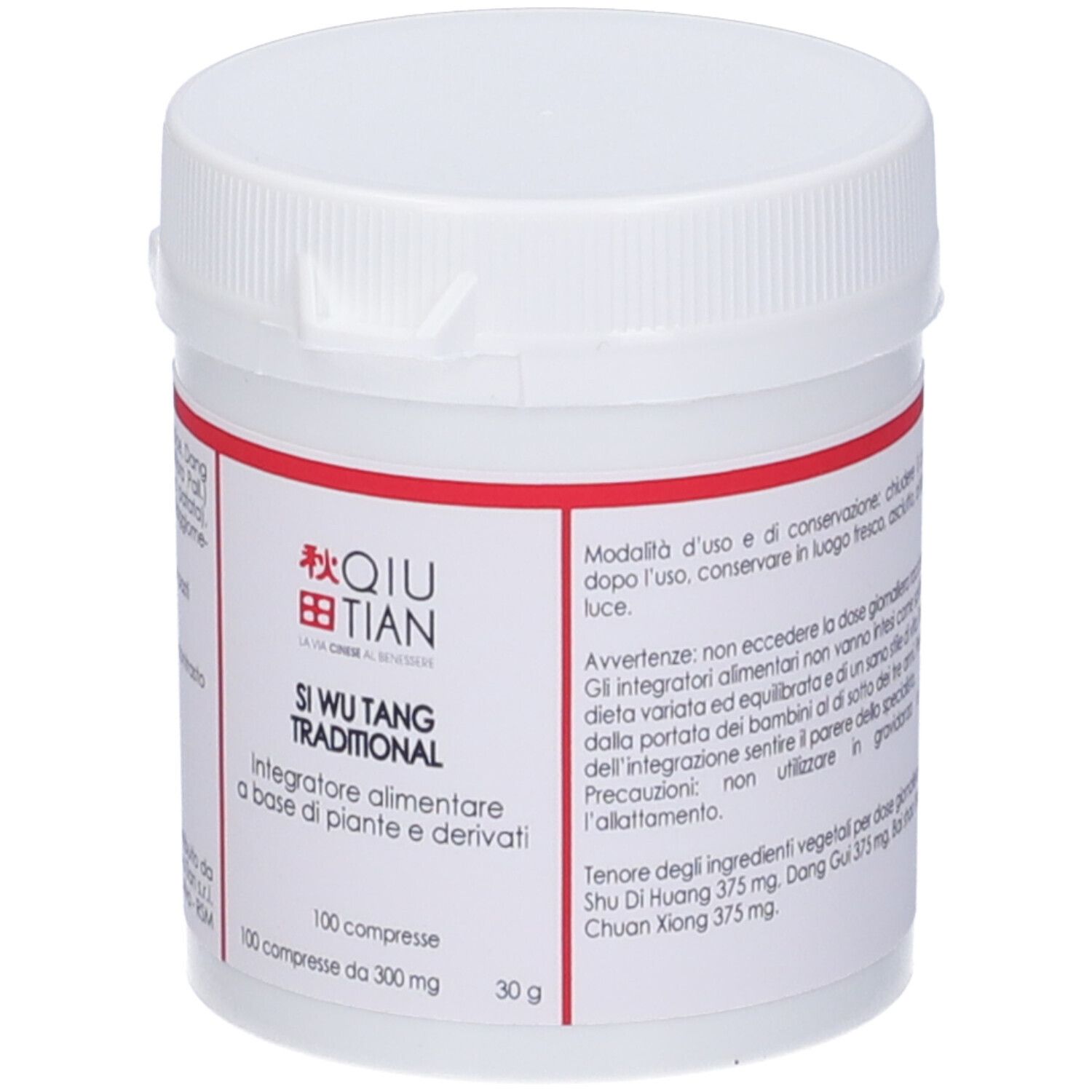 Flacone di compresse bianco con etichetta rossa. Scritta: QIU TIAN, Si Wu Tang Traditional. 100 compresse.