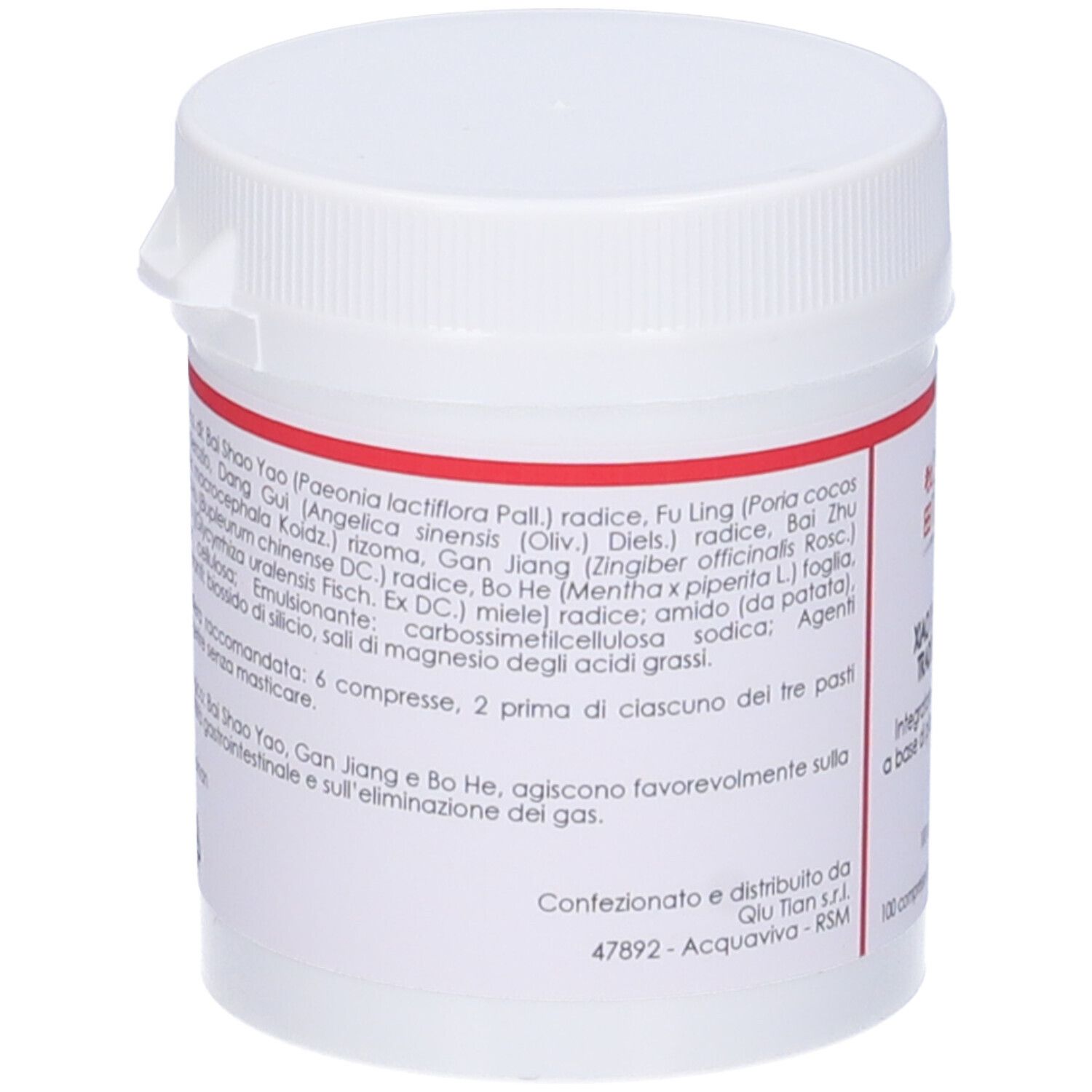 Barattolo bianco con etichetta rossa. Testo: Ingredienti, dosaggio, avvertenze. QIU TIAN.