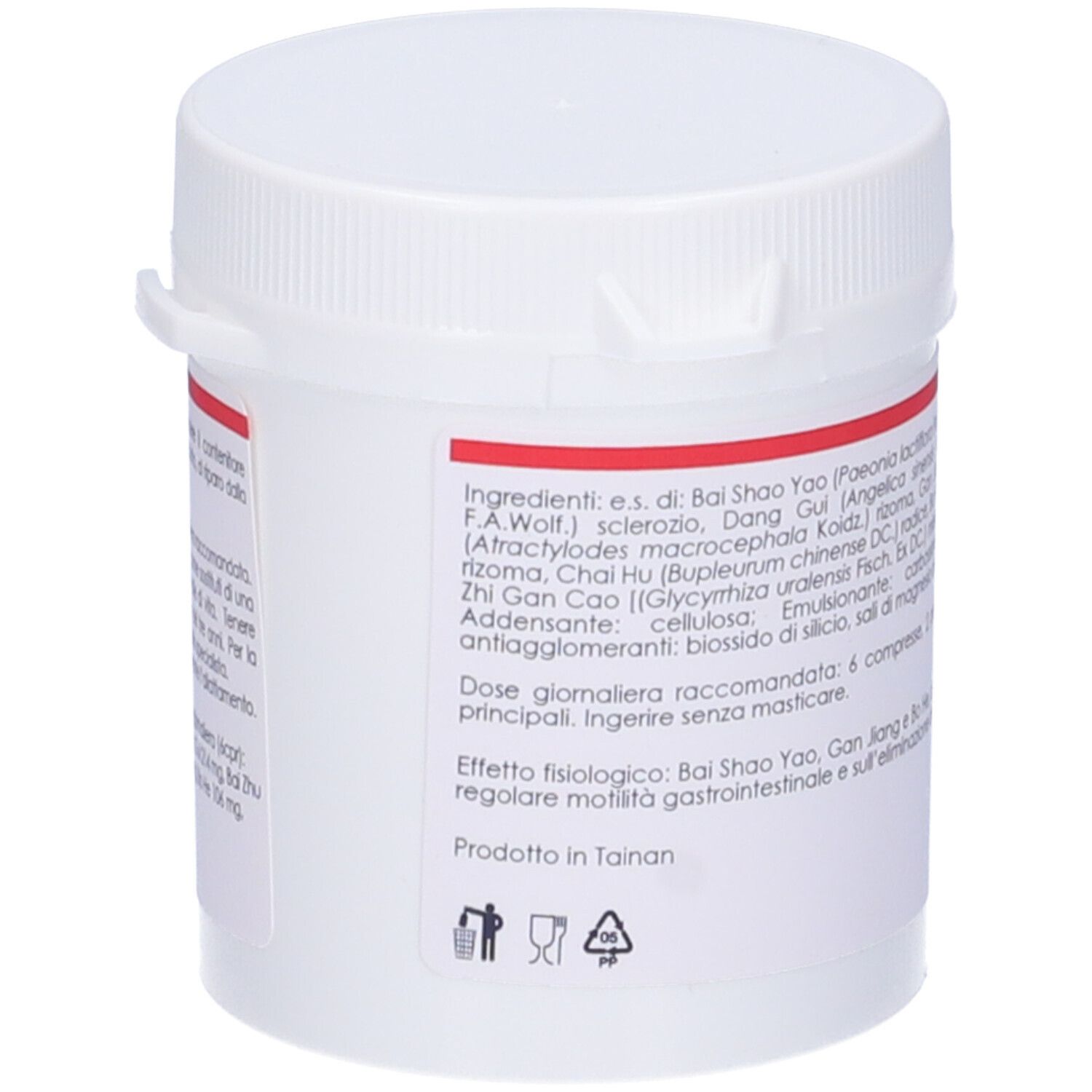 Barattolo bianco con etichetta rossa. Testo: Ingredienti, dosaggio. QIU TIAN.