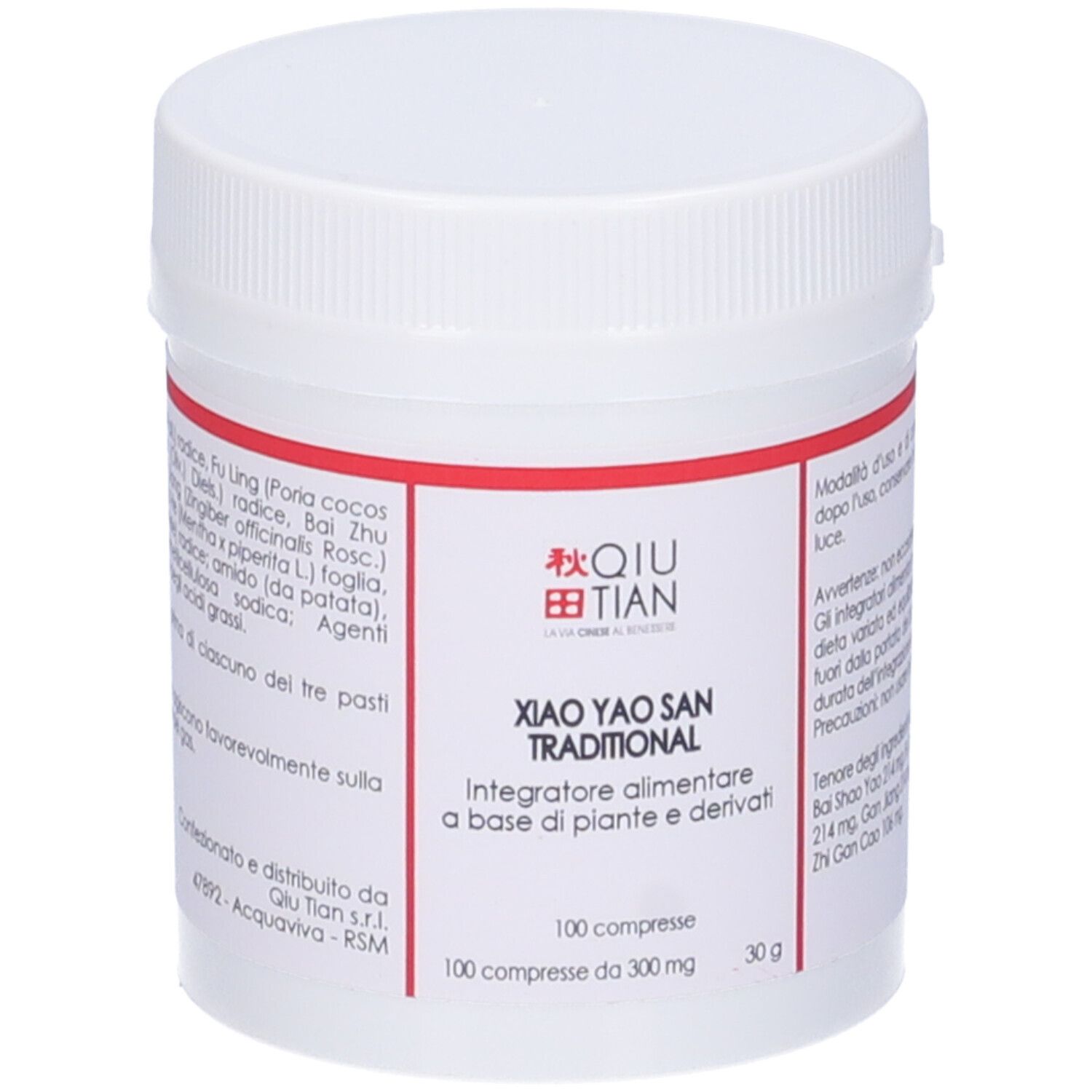 Barattolo bianco con etichetta rossa. Testo: Xiao Yao San Traditional, 100 compresse. Logo QIU TIAN.