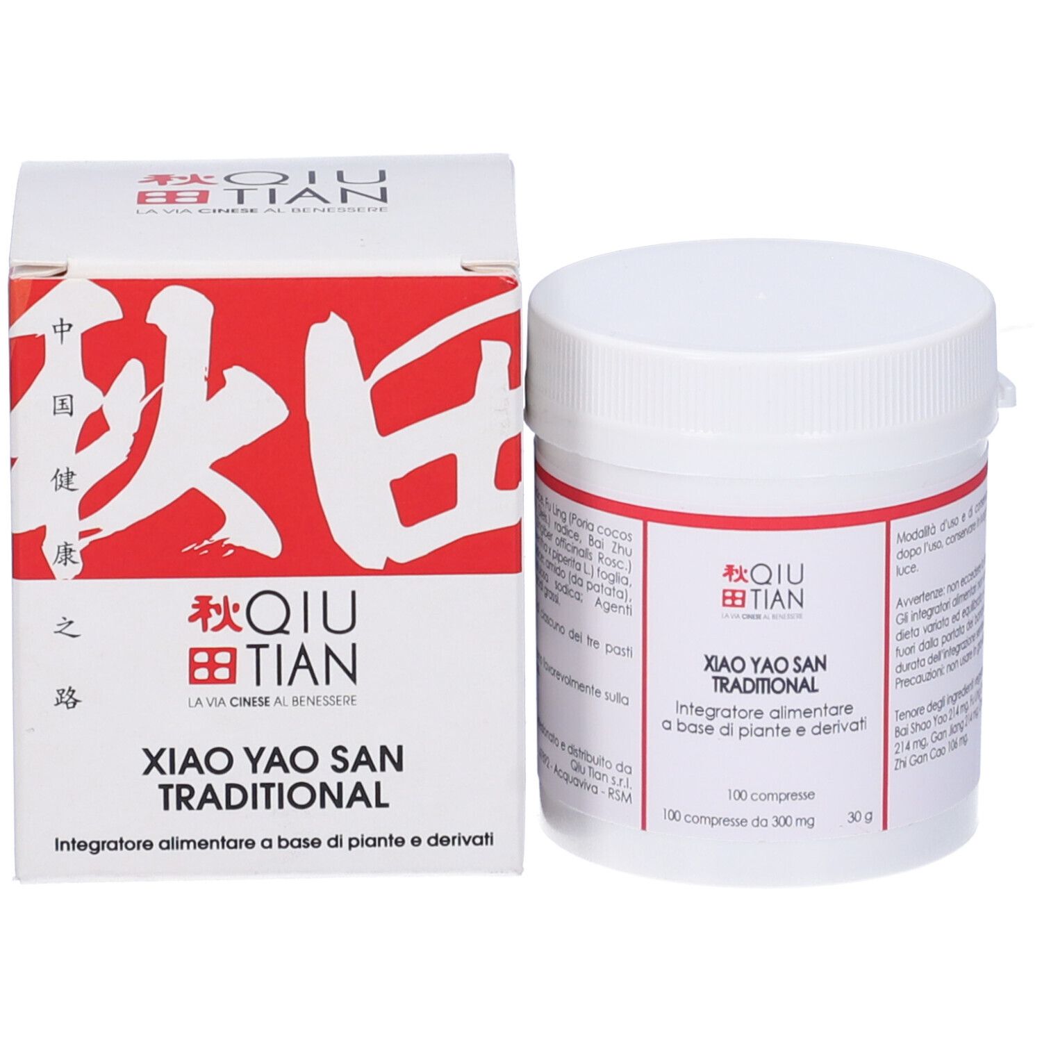 Confezione del prodotto: barattolo e scatola. Testo: Xiao Yao San Traditional, logo QIU TIAN.