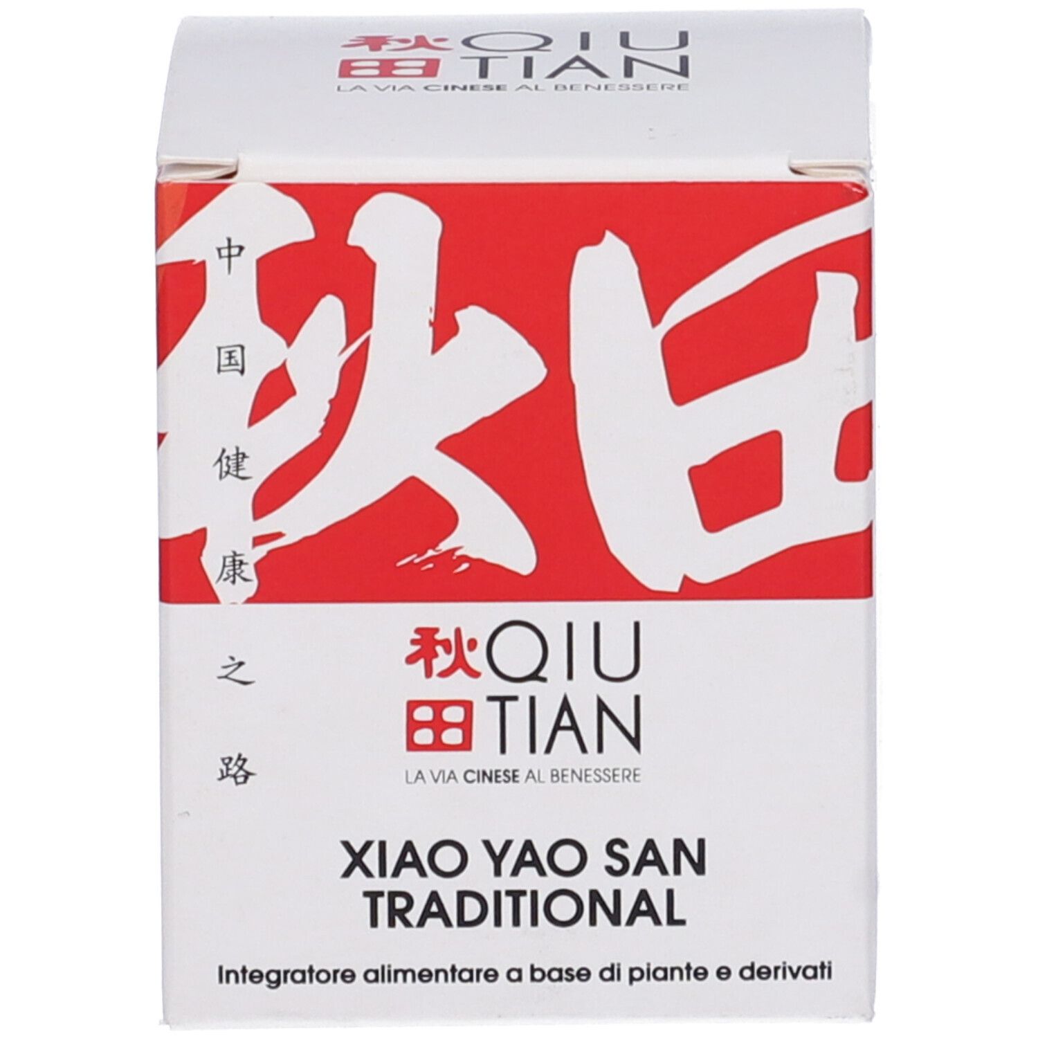 Confezione del prodotto: scatola. Testo: Xiao Yao San Traditional, logo QIU TIAN.