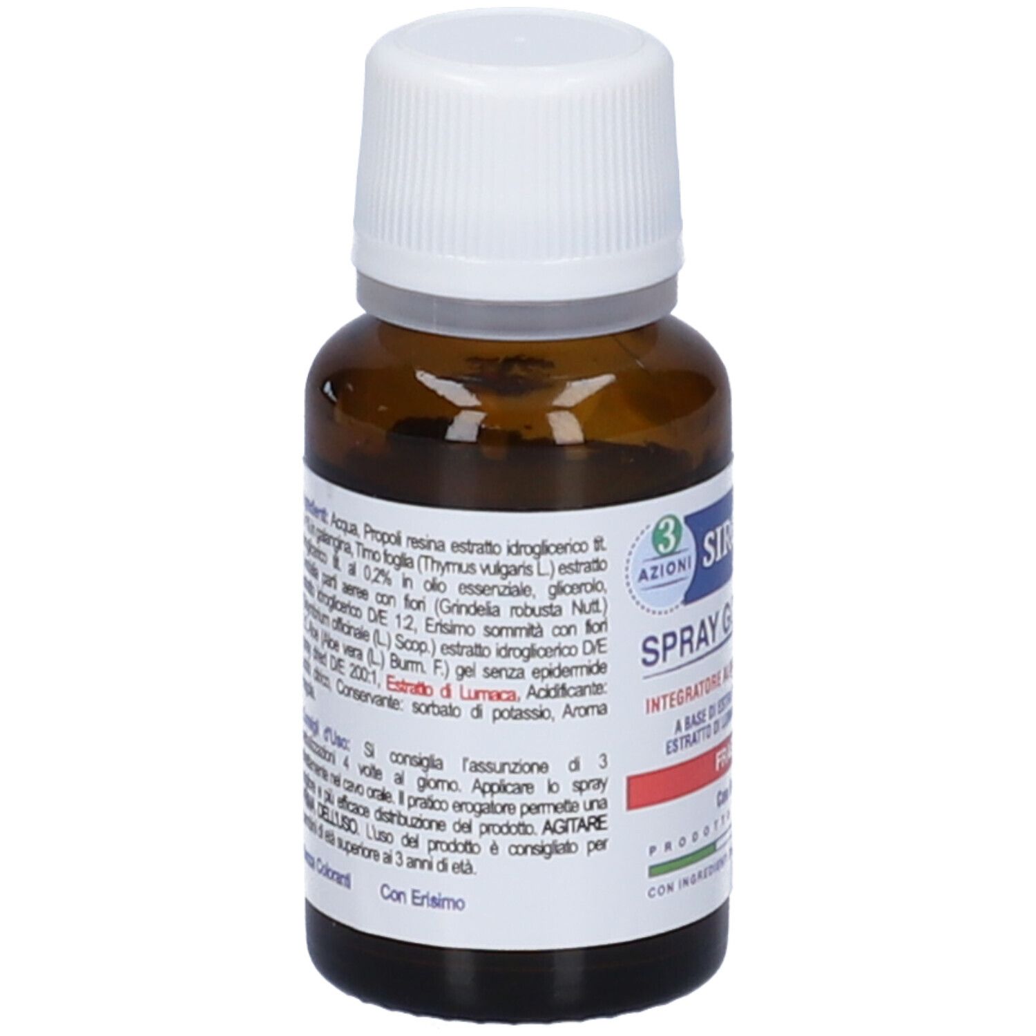 Retro di un flacone di vetro marrone con tappo bianco. Etichetta con ingredienti e istruzioni per l'uso.