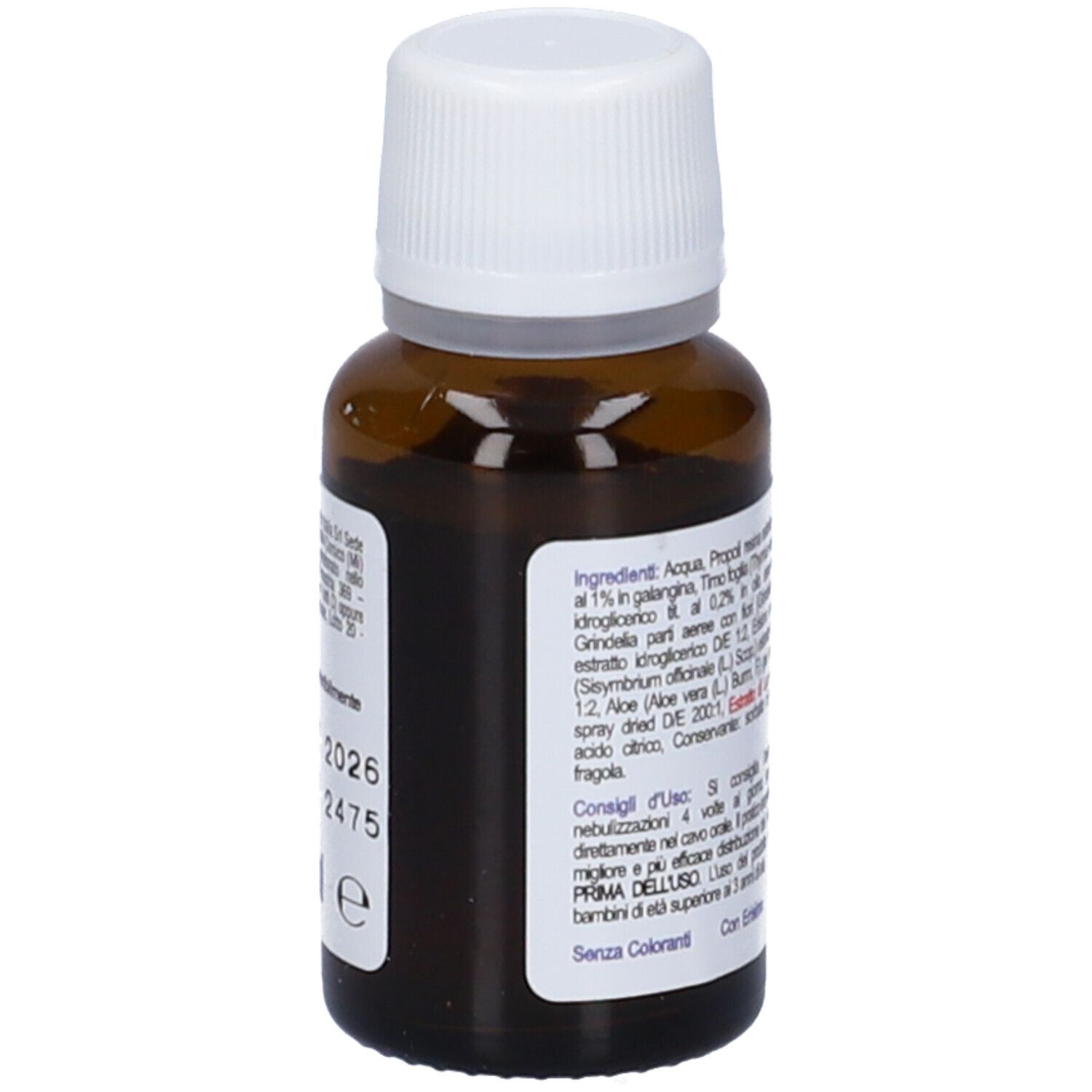 Retro di un flacone di vetro marrone con tappo bianco. Etichetta con ingredienti, scadenza e numero di lotto.