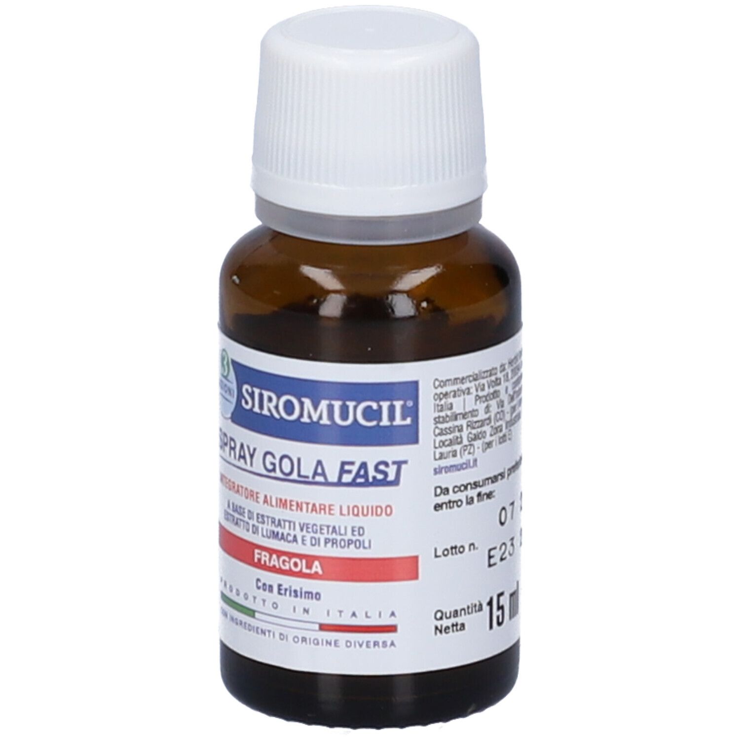 Flacone di vetro marrone con tappo bianco. Etichetta con nome del prodotto, ingredienti e gusto fragola.