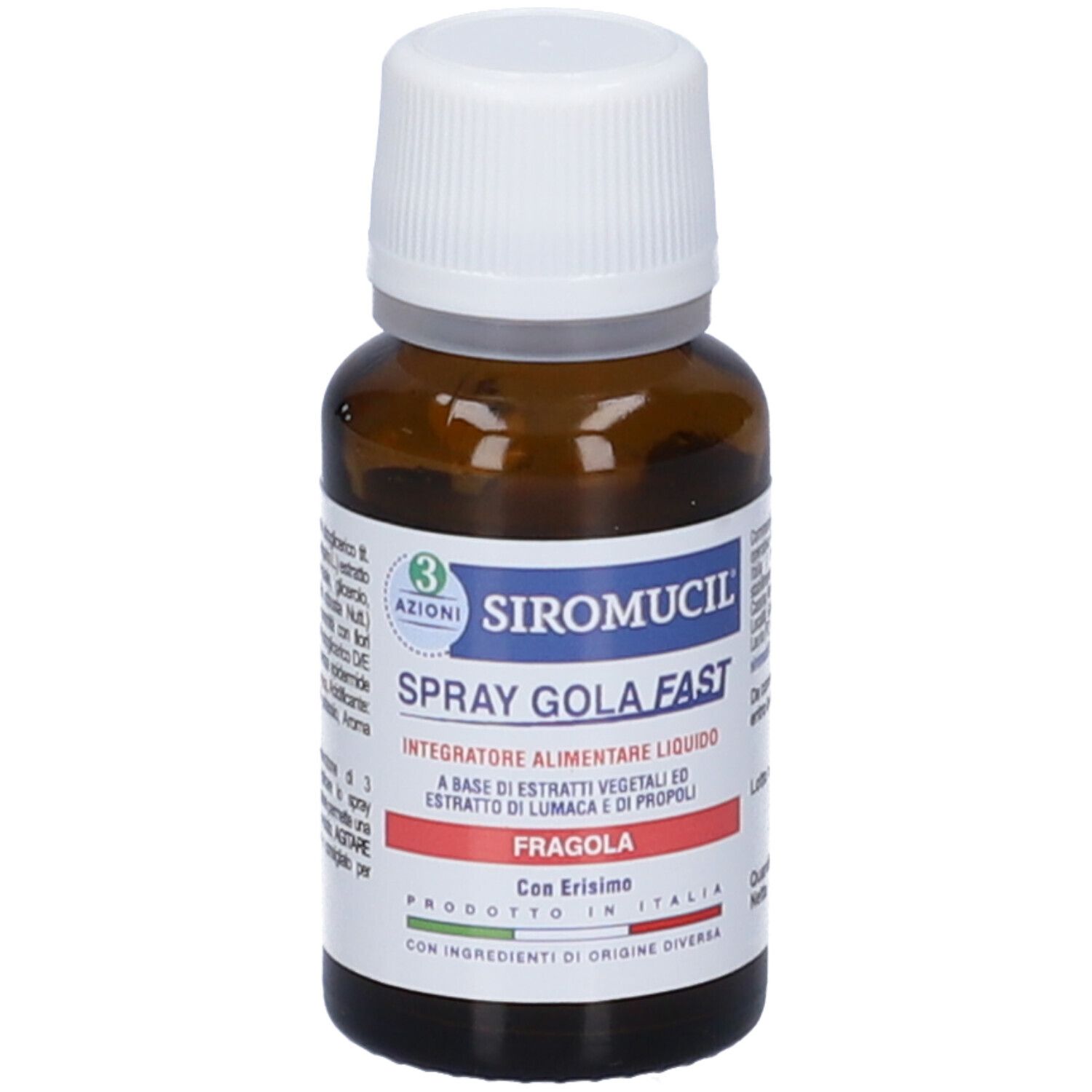 Flacone di vetro marrone con tappo bianco. Etichetta con nome del prodotto, ingredienti e gusto fragola.