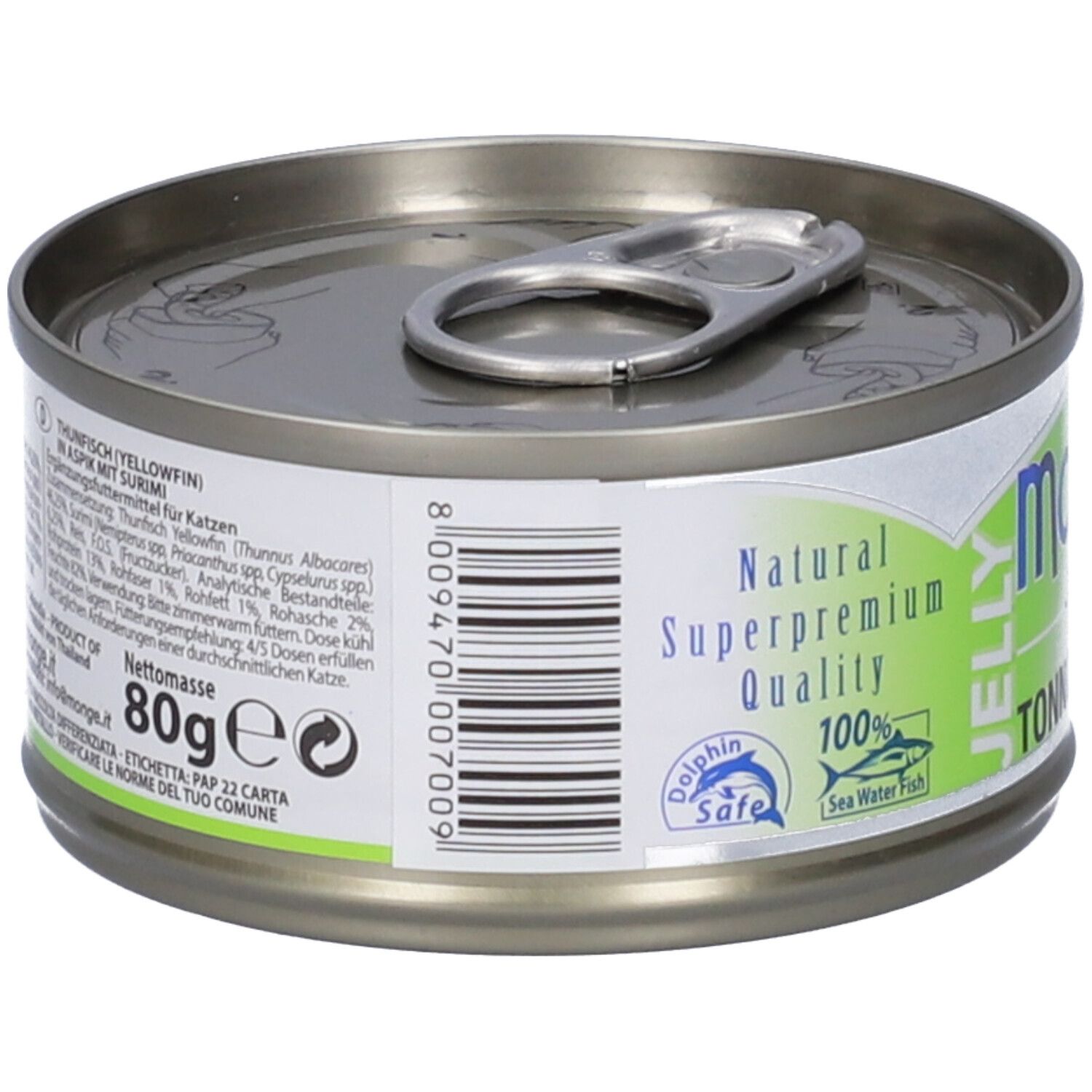 Lattina di cibo per gatti. Retro con informazioni nutrizionali e codice a barre. Logo "Natural Superpremium Quality" e "Dolphin Safe".