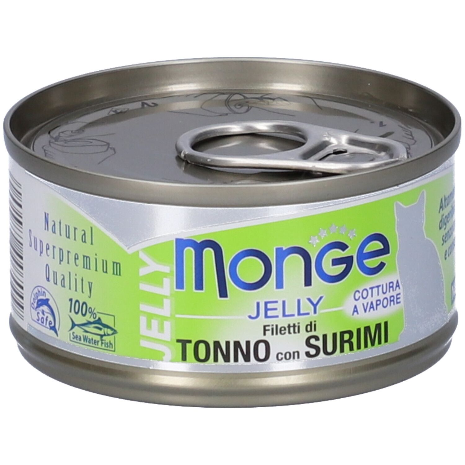 Lattina di cibo per gatti. Etichetta verde e bianca con "Monge Jelly" e "Tonno con Surimi". Immagine di un gatto.